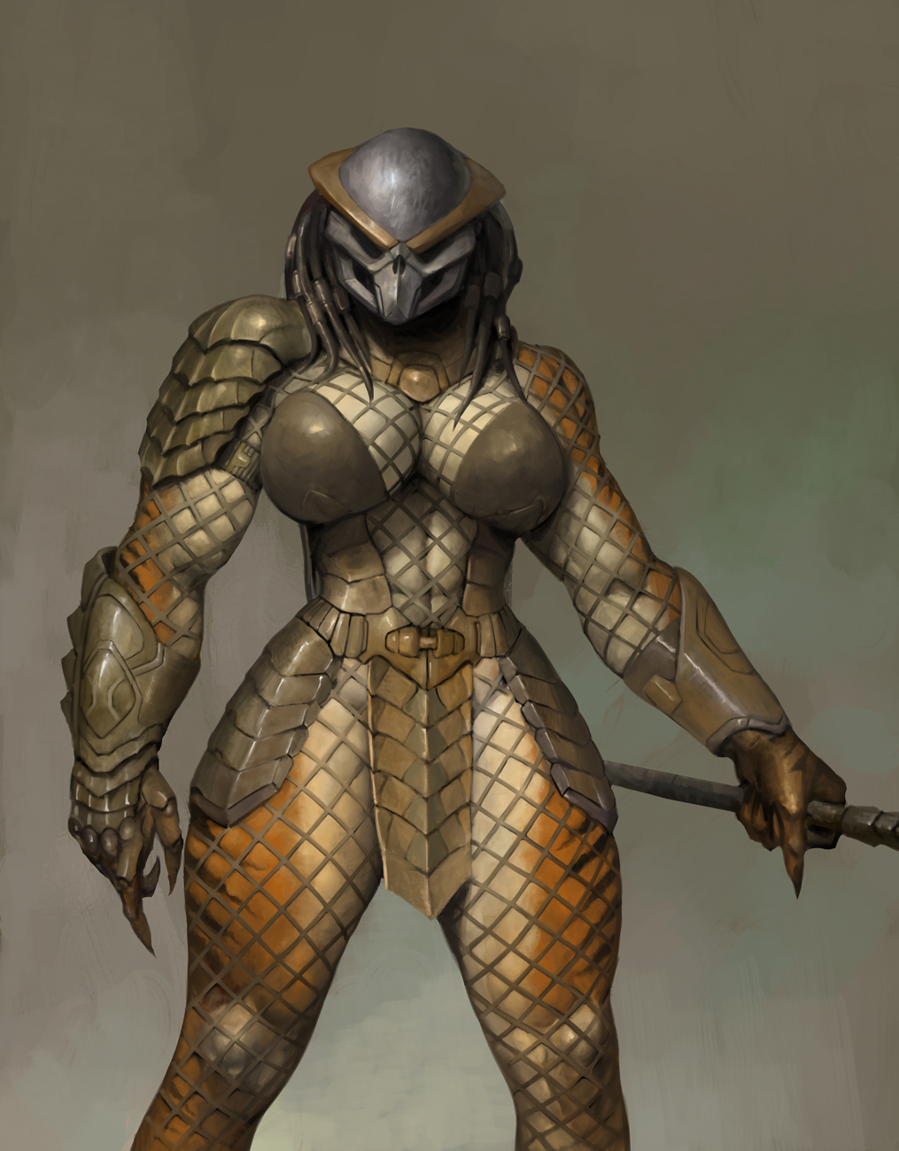 1girls, 2025, 2d, 5 fingers, alien, alien girl, alien humanoid, armor, armored female, armored gloves, big breasts, blurry background, breasts, claws, clothed, clothing, dreadlocks, female, female only, female yautja, finger claws, fingers, fishnet, fishnets, hi res, humanoid, looking at viewer, muscular, muscular female, oleg bulakh, predator (franchise), predator mask, solo, solo female, thick thighs, thighhighs, thighs, weapon, yautja