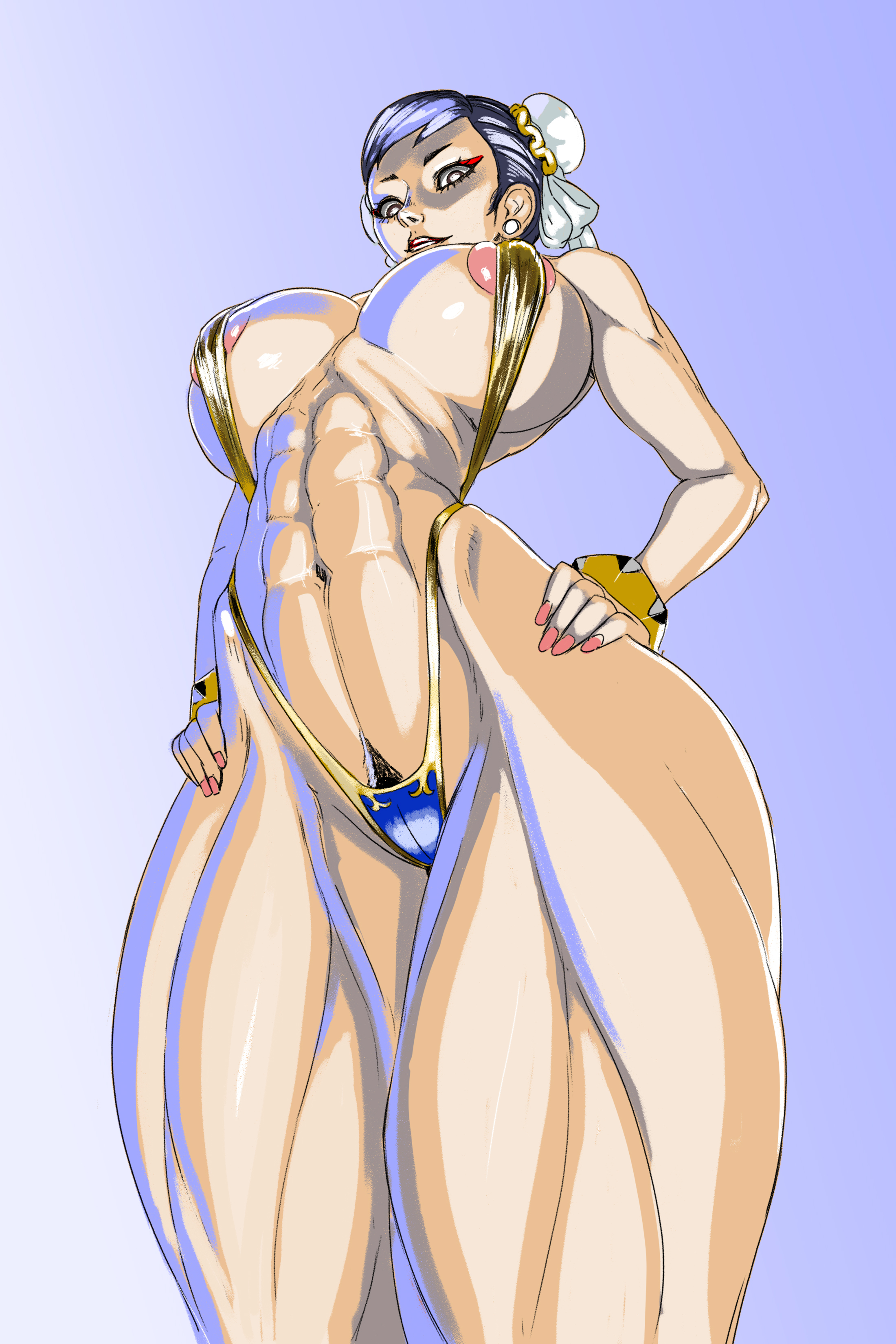 1girls, abs, anythinggoes, areolae slip, ass, big ass, big breasts, bikini, breasts, brown hair, capcom, chun-li, color, female, gold bikini, golden bikini, golden week, light skin, looking at viewer, low-angle view, makeup, muscular, muscular female, muscular thighs, painted nails, pink nipples, pubic hair, red lipstick, simple background, sling bikini, slingshot swimsuit, small waist, smile, street fighter, thunder thighs