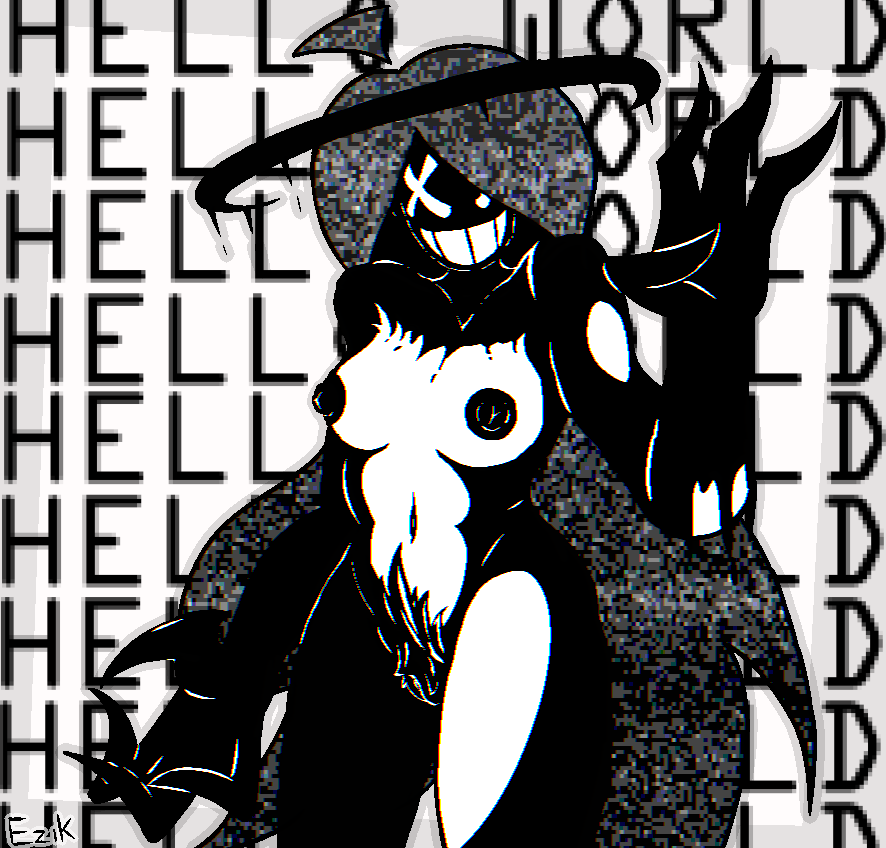 1girls 2025 2d 2d_(artwork) analog_horror breasts clawed_fingers ezik_(artist) female female_focus greyscale halo hard_shadows horror long_hair losa_media_(oc) monochrome monster monster_girl nude nude_female oc pale_skin smile static unshaved_pussy white_skin x_eyes