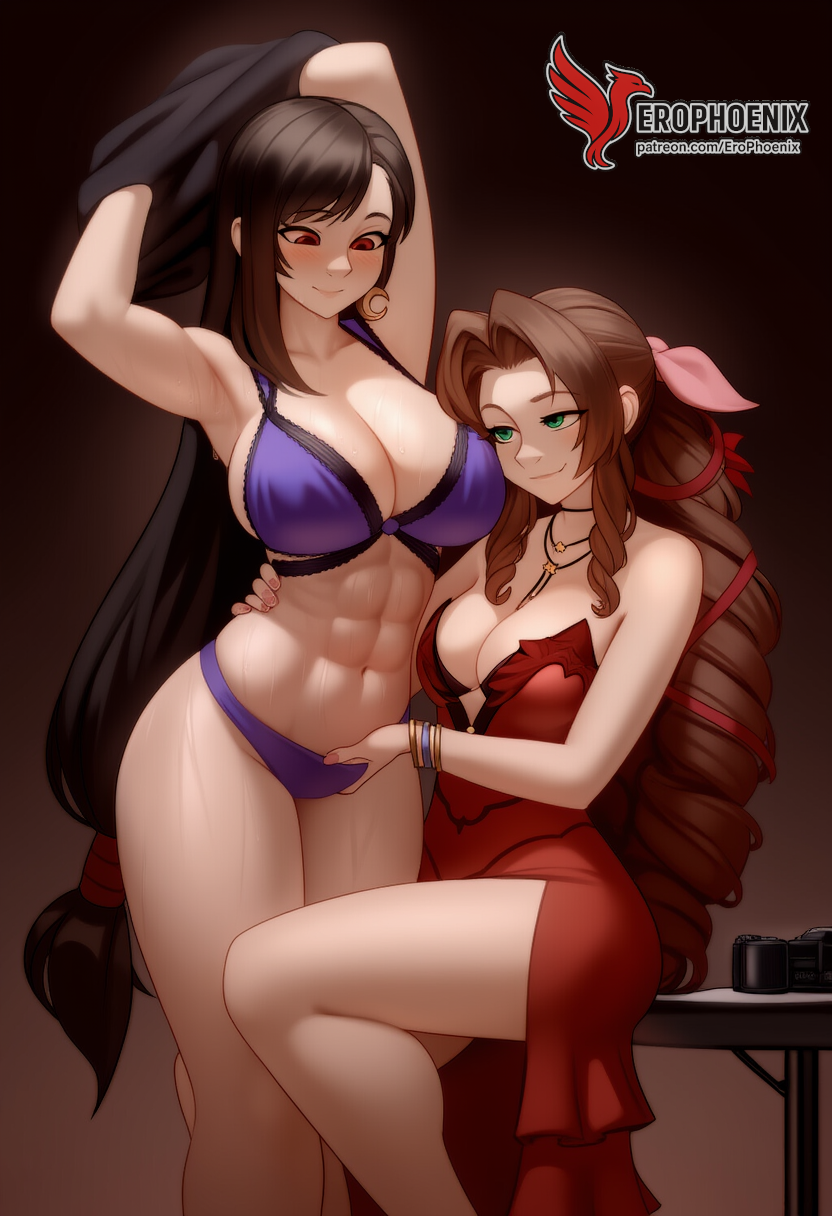 2d 2girls aerith_gainsborough ai_generated ass barefoot big_ass big_breasts blush bra couch dress erophoenix feet female female_focus final_fantasy final_fantasy_vii final_fantasy_vii_rebirth final_fantasy_vii_remake indoors jewelry large_breasts long_hair multiple_girls naked navel panties patreon_username purple_bra purple_panties red_bra red_eyes red_panties sitting small_breasts smile soles sweat sweating thick_thighs thighs tifa_lockhart underwear yuri yuri