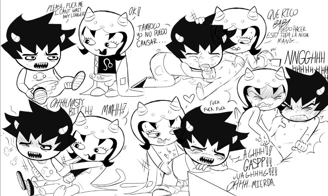 accurate art style, blowjob, futa on male, futanari, heart, homestuck, horns, intersex, karkat vantas, male, moaning, nepeta leijon, partially clothed, penis, sharp teeth, small penis, smilegrenade, spanish text, tagme, tail