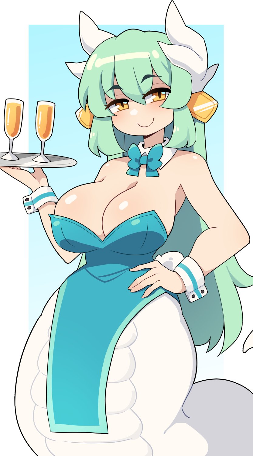 1girls, amber eyes, big breasts, blush, breasts, cleavage, commission, detached collar, drink, drinking glass, fate (series), fate/grand order, female, female only, green hair, hand on hip, hi res, horns, j5daigada, kiyohime (fate/grand order), lamia, long hair, looking at viewer, naga, neck ribbon, slit pupils, smiling, smiling at viewer, snake, solo, tray, wrist cuffs