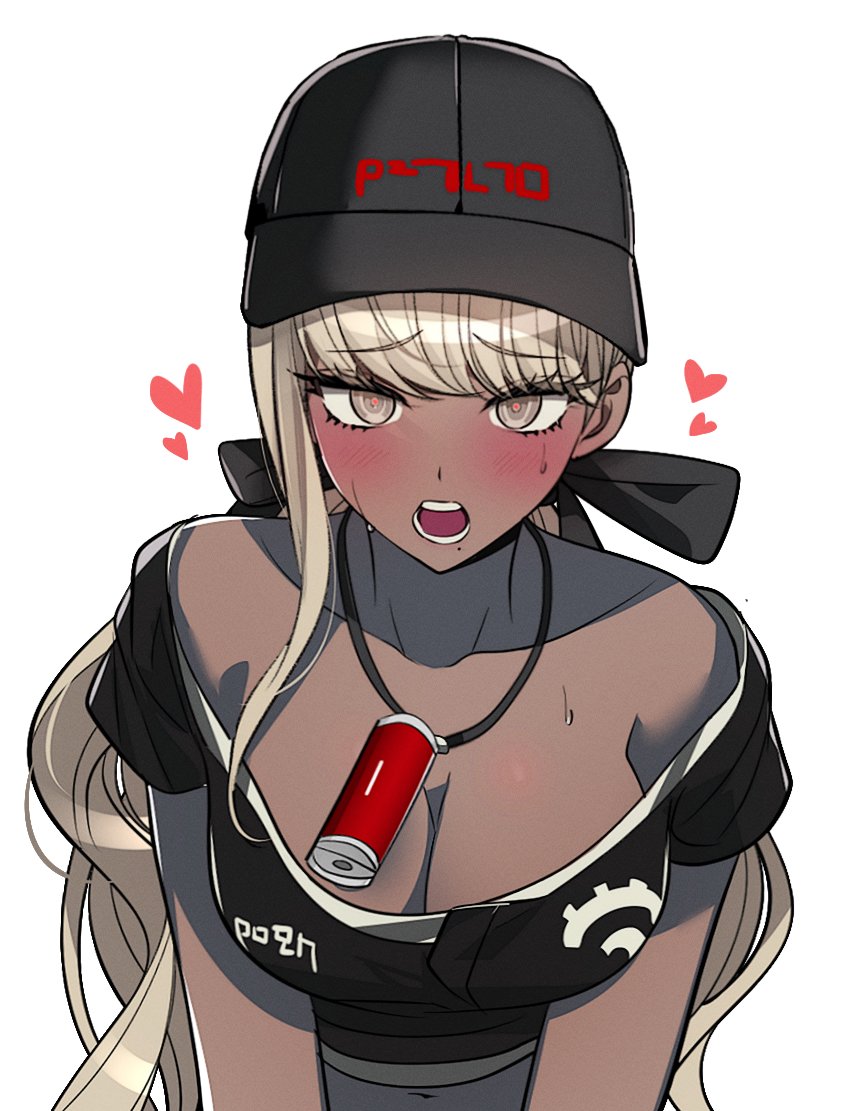 big breasts, blonde hair, blush, breasts, brown skin, busty female, busty teenager, cap, female, female focus, hearts around head, long hair, loose shirt, lustful gaze, mouth open, no nudity, no visible genitalia, off shoulder, off-shoulder shirt, showing breasts, solo female, sweat, teenage female, teenager, the hundred line -last defense academy-, tsubasa kawana