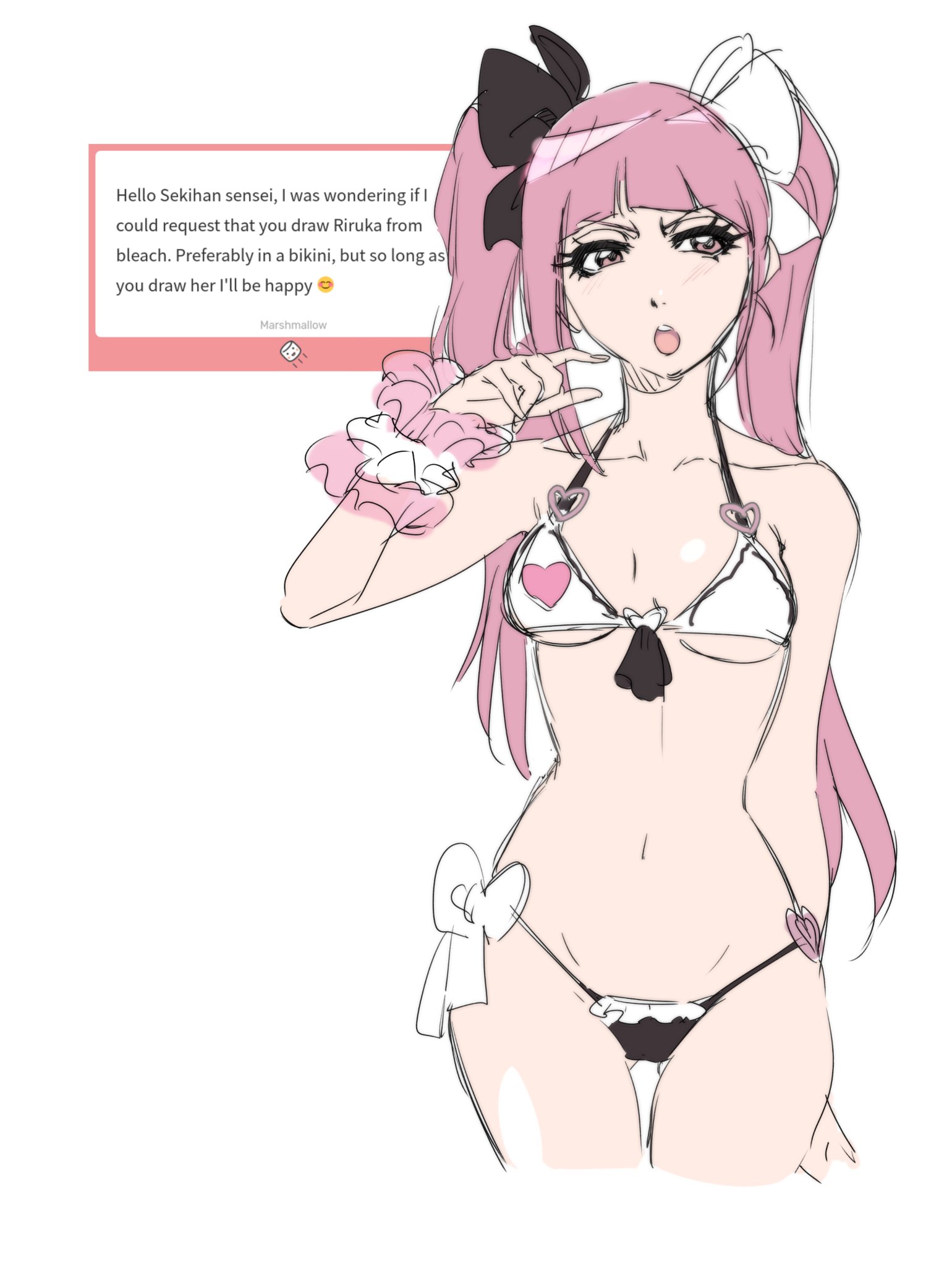 1girls, 7kihan, bikini, bleach, breasts, dokugamine riruka, female, female only, hair ornament, light-skinned female, long hair, medium breasts, pink hair, sekihan, sekihan (6kihan), solo, tagme, twintails