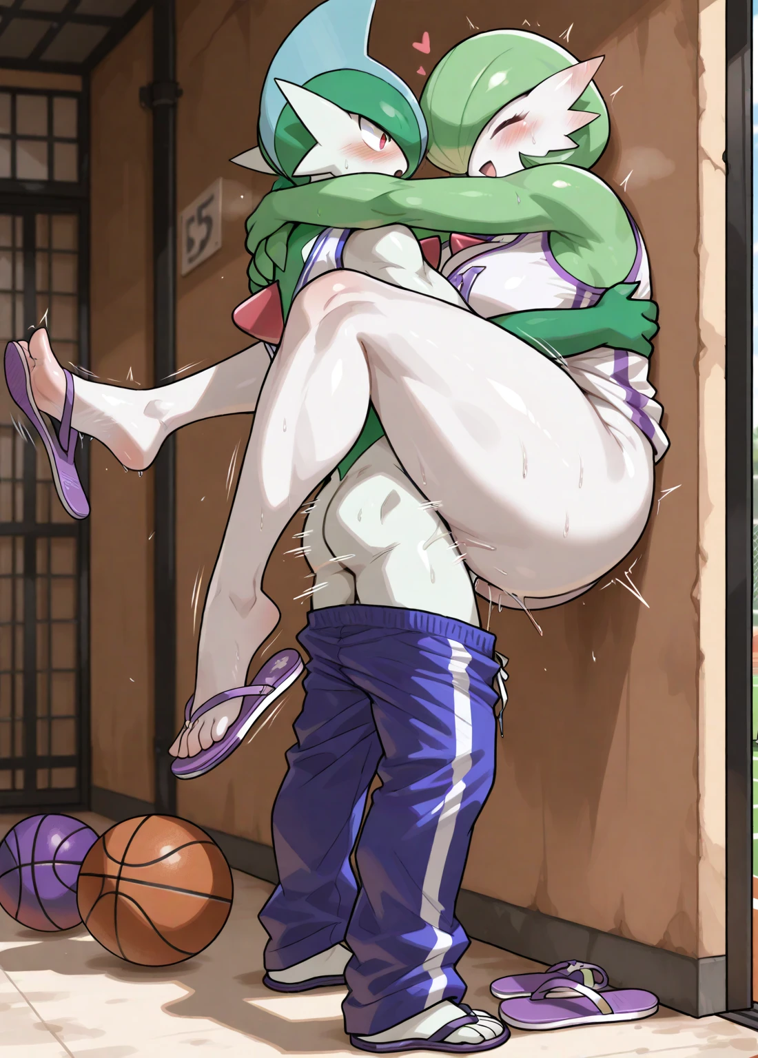 1boy, 1girls, against wall, ai generated, anthro, ass, basketball, basketball (ball), basketball uniform, carrying, couple, couple sex, dominant male, fat ass, feet, feet up, female, flip flops, gallade, gardevoir, happy, happy female, happy sex, hug, male, pokemon, pokemon (species), pussy, red eyes, sex, submissive female, taller female, text, thick legs, thick thighs, vagina, vaginal penetration, vaginal sex, white skin