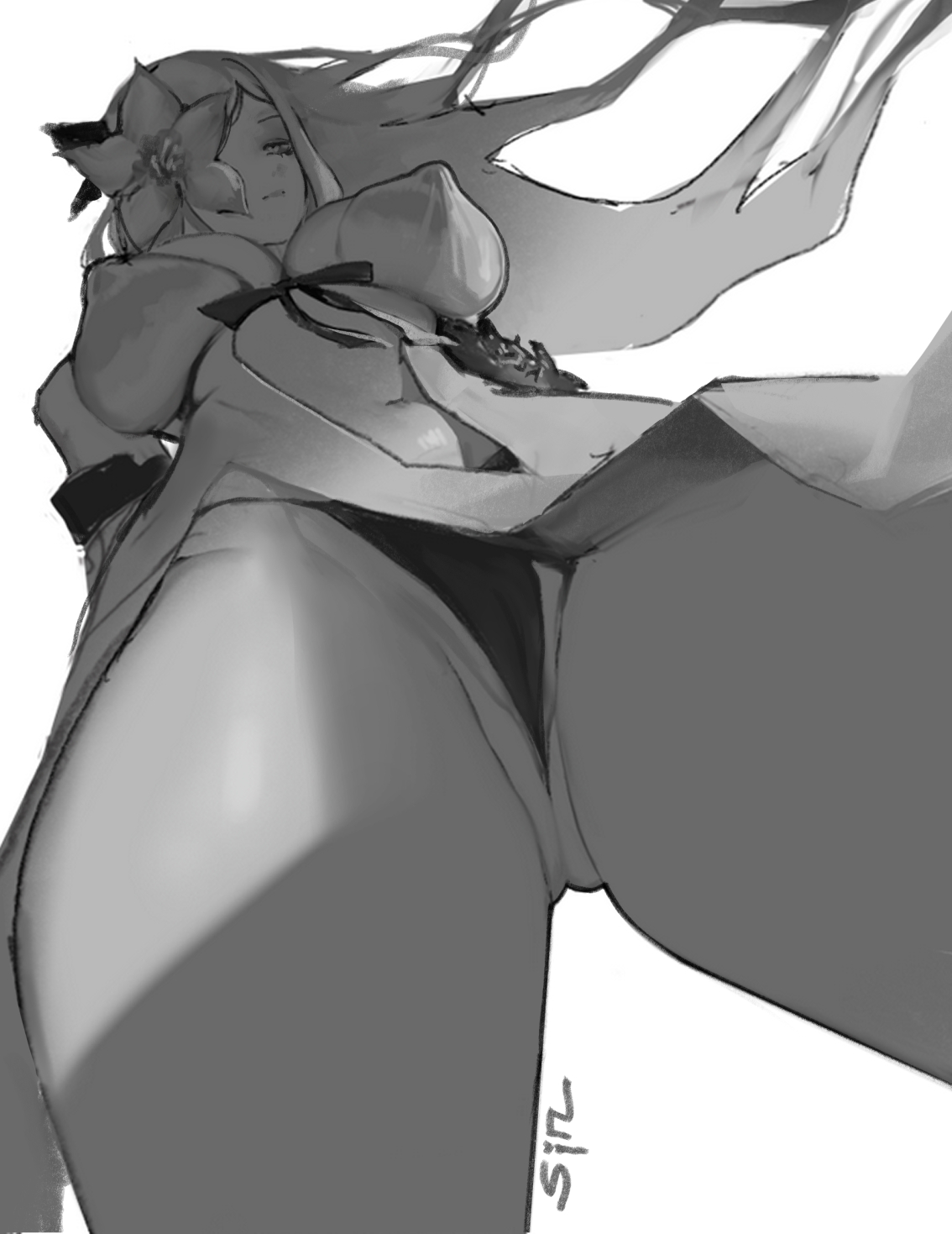 breasts, cameltoe, drag-on dragoon, drag-on dragoon 3, drakengard, drakengard 3, female, female only, flower, flower in eye, flower over eye, large breasts, monochrome, panties, pussy, see-through, see-through clothing, sinnamonlatte, zero (drag-on dragoon), zero (drakengard)