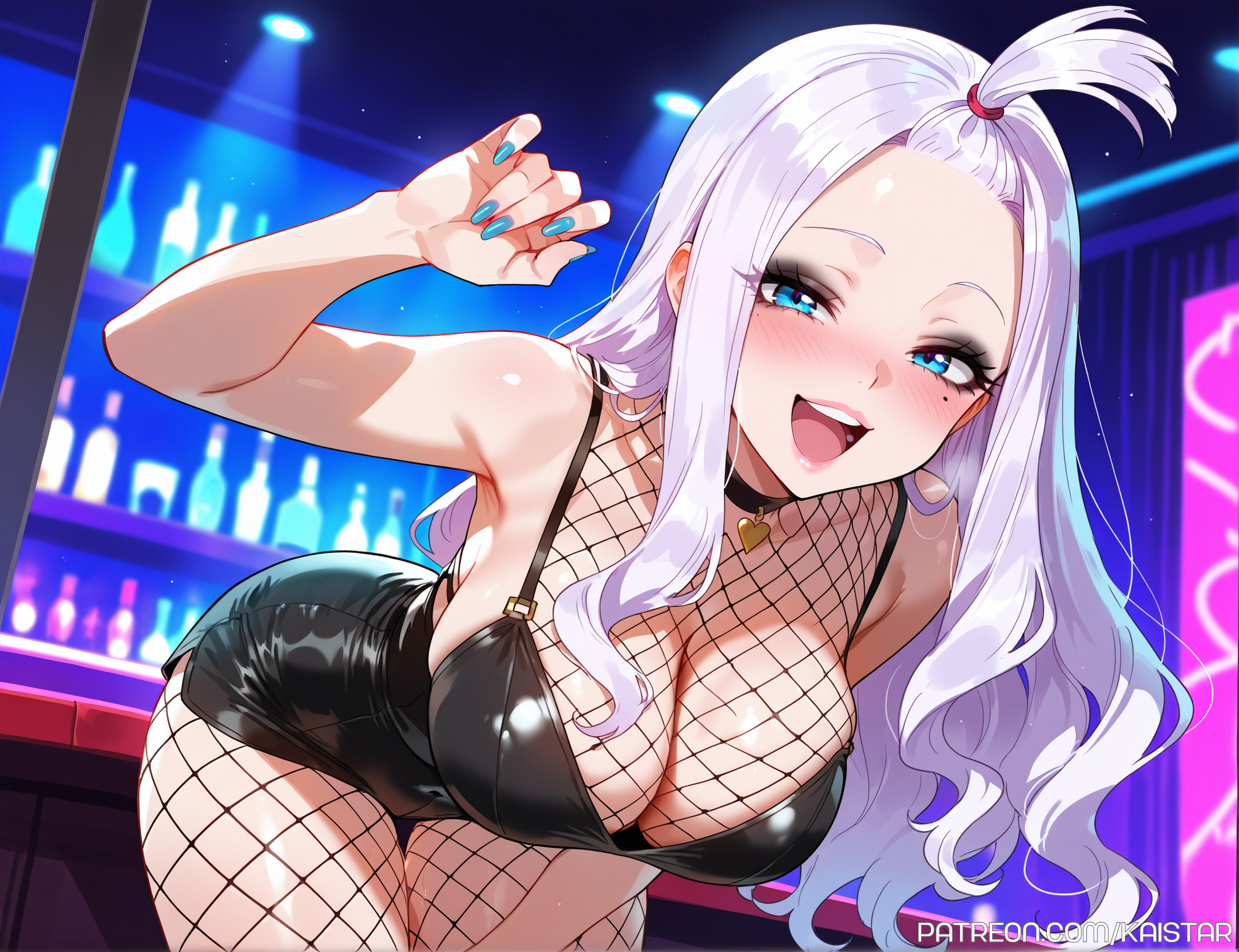 1girls, ai generated, bending forward, bending over, bent over, big breasts, black eyeshadow, blue eyes, breasts, cleavage, fairy tail, female, female only, fishnets, hairband, huge boobs, huge breasts, kaistar, large boobs, large breasts, light skin, light-skinned female, looking at viewer, mirajane strauss, patreon, smile, smiling, smiling at viewer, smirk, solo, solo female, solo focus, white hair, white skin, white-haired female