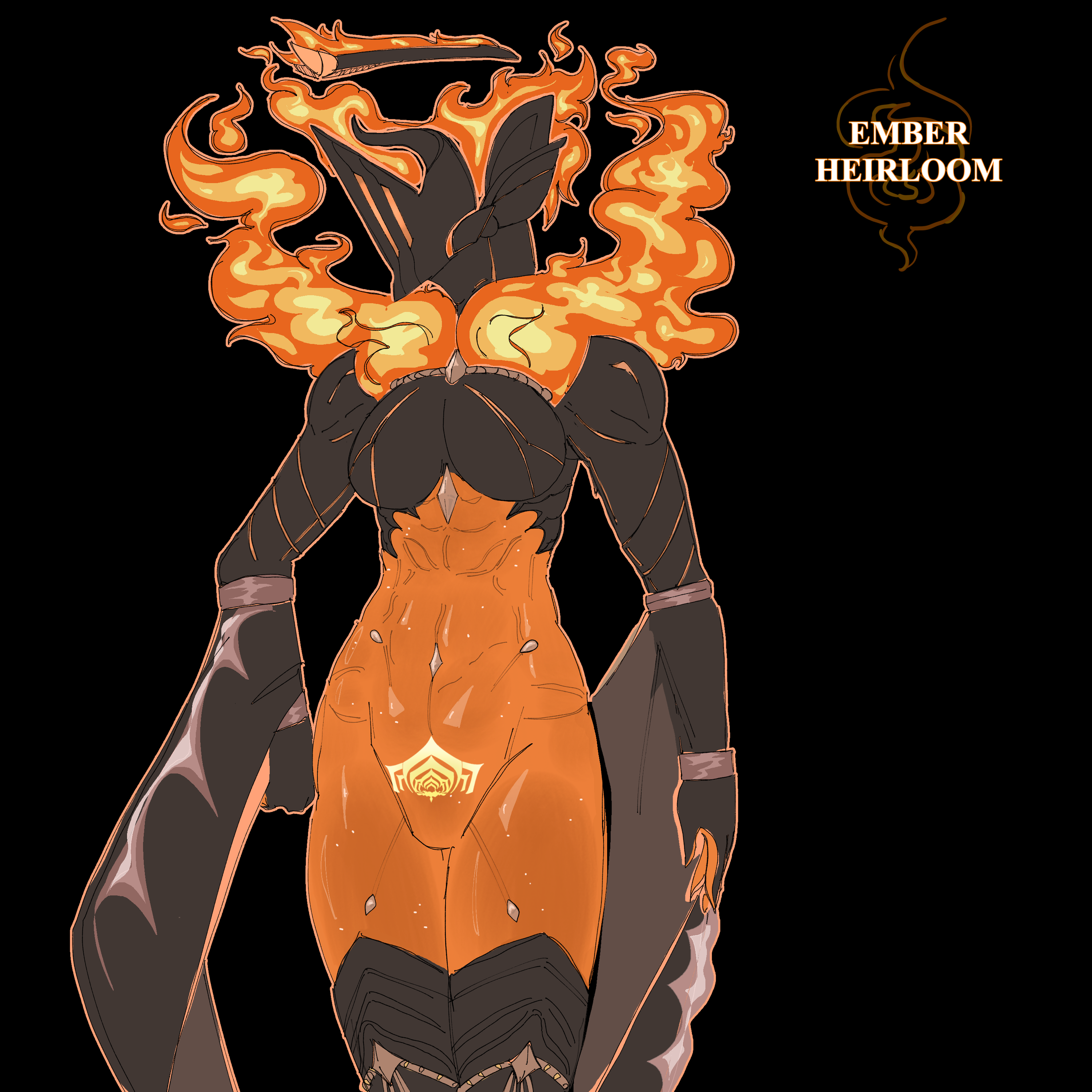 2025, black body, breasts, covered nipples, digital extremes, ember (warframe), ember heirloom (warframe), escale, female, female focus, female only, fire, firey hair, glowing body, gold, gold jewelry, halo, helmet, humanoid, looking away, looking sideways, muscle mommy, muscles, muscular, muscular female, no genitals, no visible nipples, nude, orange body, partially clothed, pubic tattoo, robe, suggestive, suggestive pose, tattoo, tenno, toned body, toned female, warframe, warframe (species), wide hips