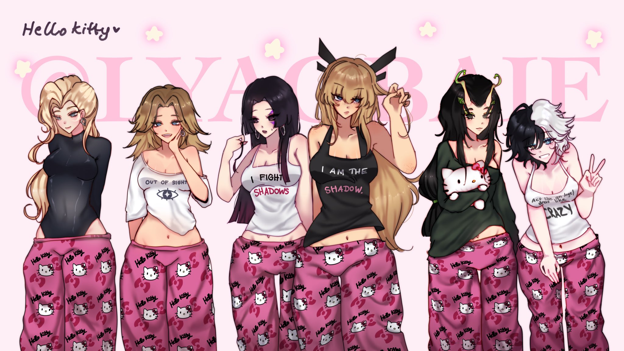 6girls, casual, cleavage, clothed, clothed female, dagger (marvel rivals), dagger (marvel), female, female only, guardians of the galaxy, hello kitty (series), invisible woman, invisible woman (marvel rivals), luna snow, luna snow (marvel rivals), lyaoba, magik (illyana rasputin), magik (marvel rivals), mantis (marvel rivals), mantis (marvel), marvel, marvel comics, marvel rivals, midriff, navel, pajamas, psylocke, psylocke (sai) (vengeance), sleepwear, sue storm, tandy bowen, x-men