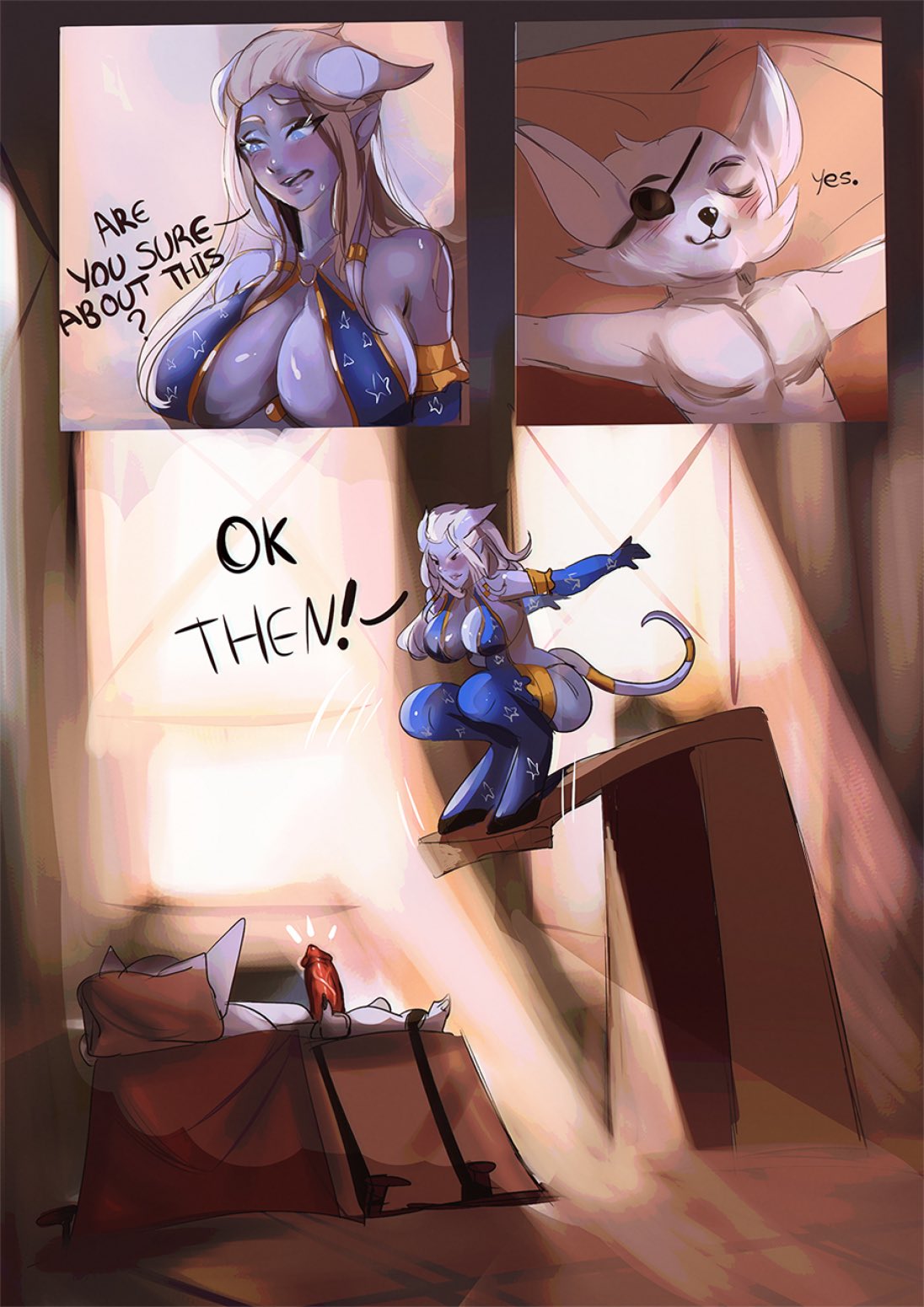 1boy, 1girls, anonymous artist lillypadopossum friend, big breasts, blizzard entertainment, blue skin, bordo, breasts, death by snoo snoo, dialogue, draenei, female, horns, imminent sex, larger female, male, original character, penis, pyrista, size difference, smaller male, tail, thick thighs, voluptuous, voluptuous female, vulpera, warcraft, white hair, wide hips, world of warcraft