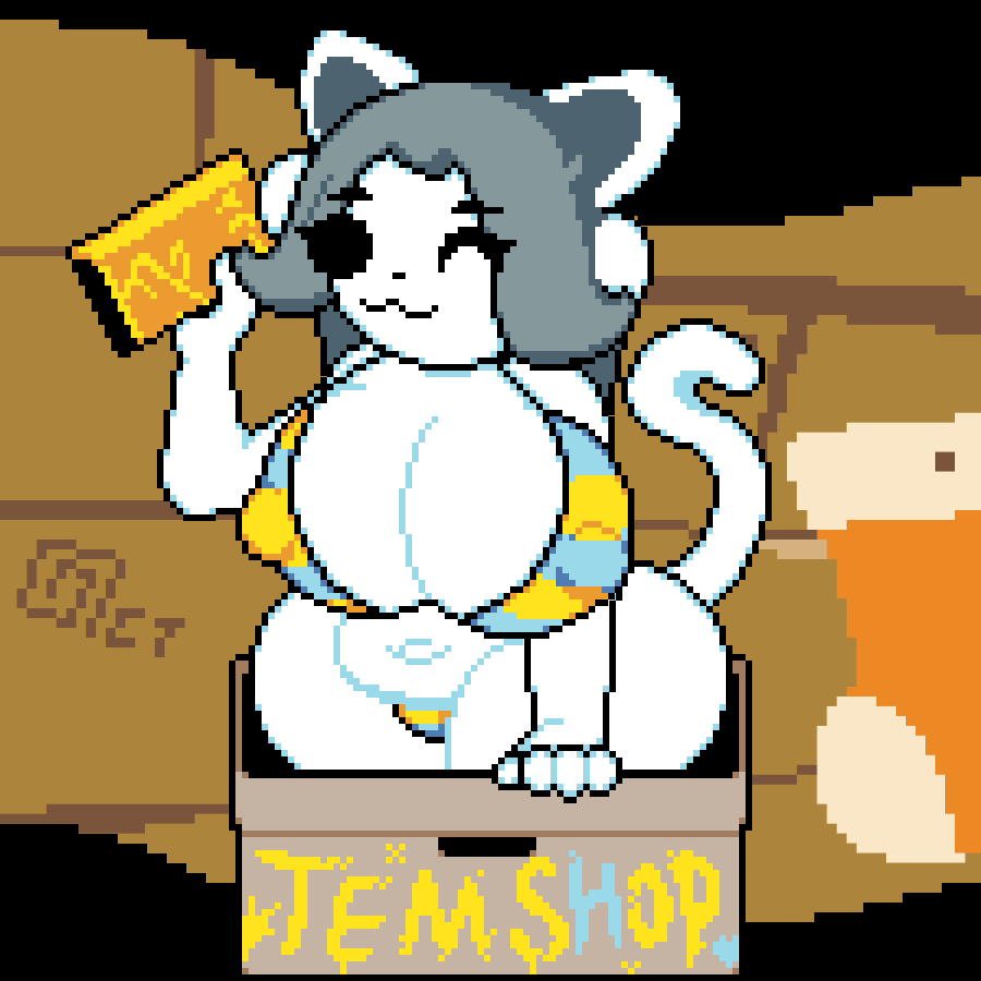1girls :3 animated anthro bikini bouncing_breasts box breasts cardboard_box cat_ears cleavage female female_only food furry hair huge_breasts live2d micro_bikini mob_face navel nipple_bulge nipples octotron2000 pixel_art plump self_upload shimapan short_hair solo solo_female stripes tail temmie_(undertale) text thick_thighs undertale undertale_(series) white_body wide_hips