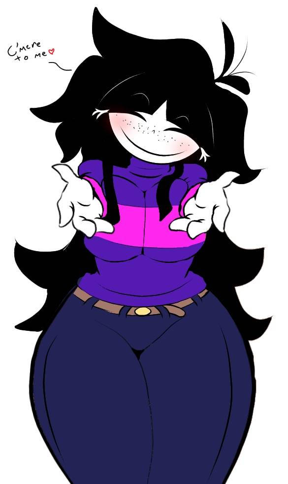 black hair, blush, giygal, hug, inviting, large breasts, needlemouse (series), no sex, not porn, pogchamp, sarah henderson (needlemouse), smile, smiling at viewer, thick thighs, wholesome, wide hips