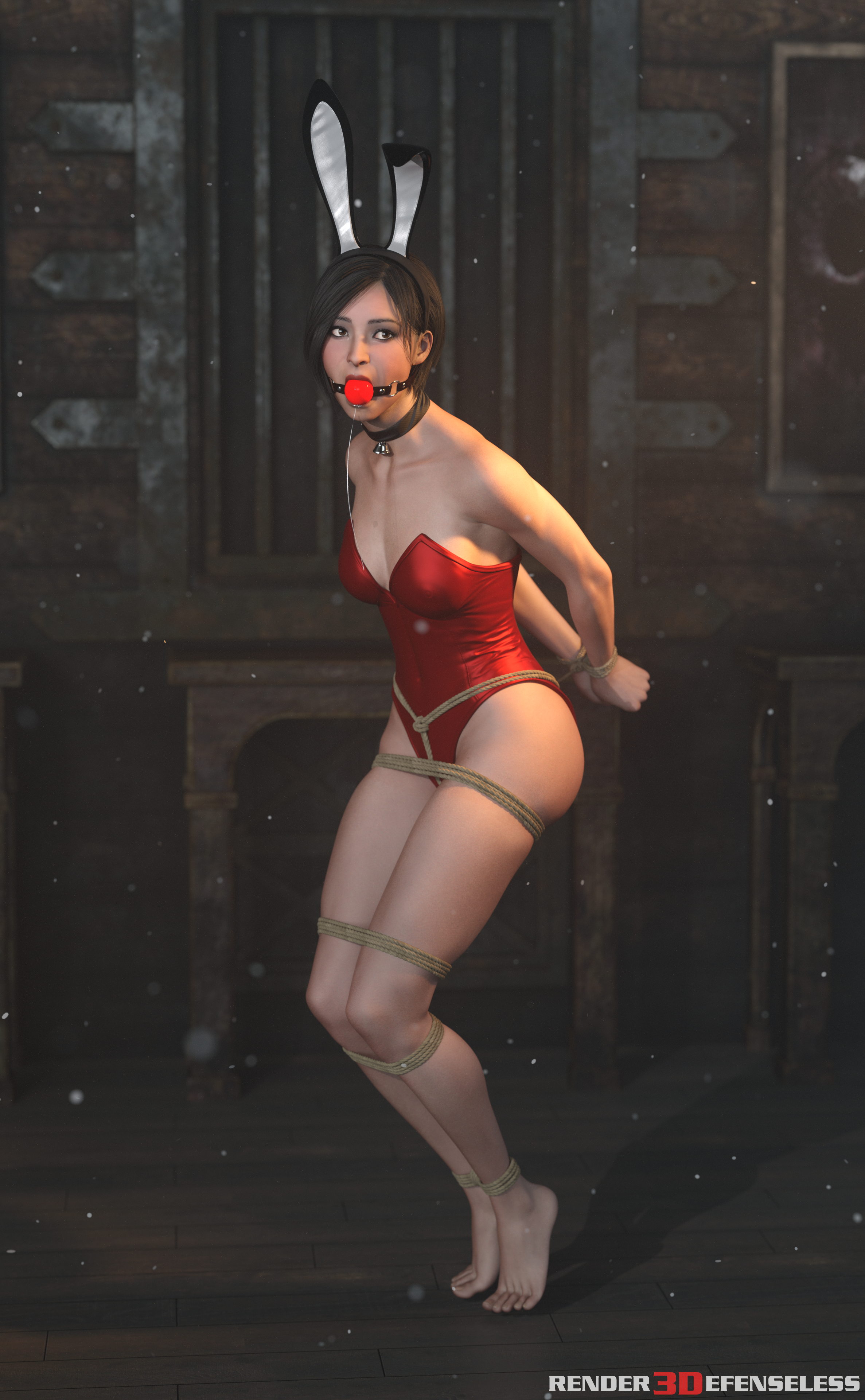 1girls, 3d, ada wong, arms behind back, artist name, ball gag, bondage, bound legs, bound wrists, bunnysuit, clothed bondage, female, female only, gag, gagged, red bunnysuit, rendereddefenseless, resident evil, solo, solo female