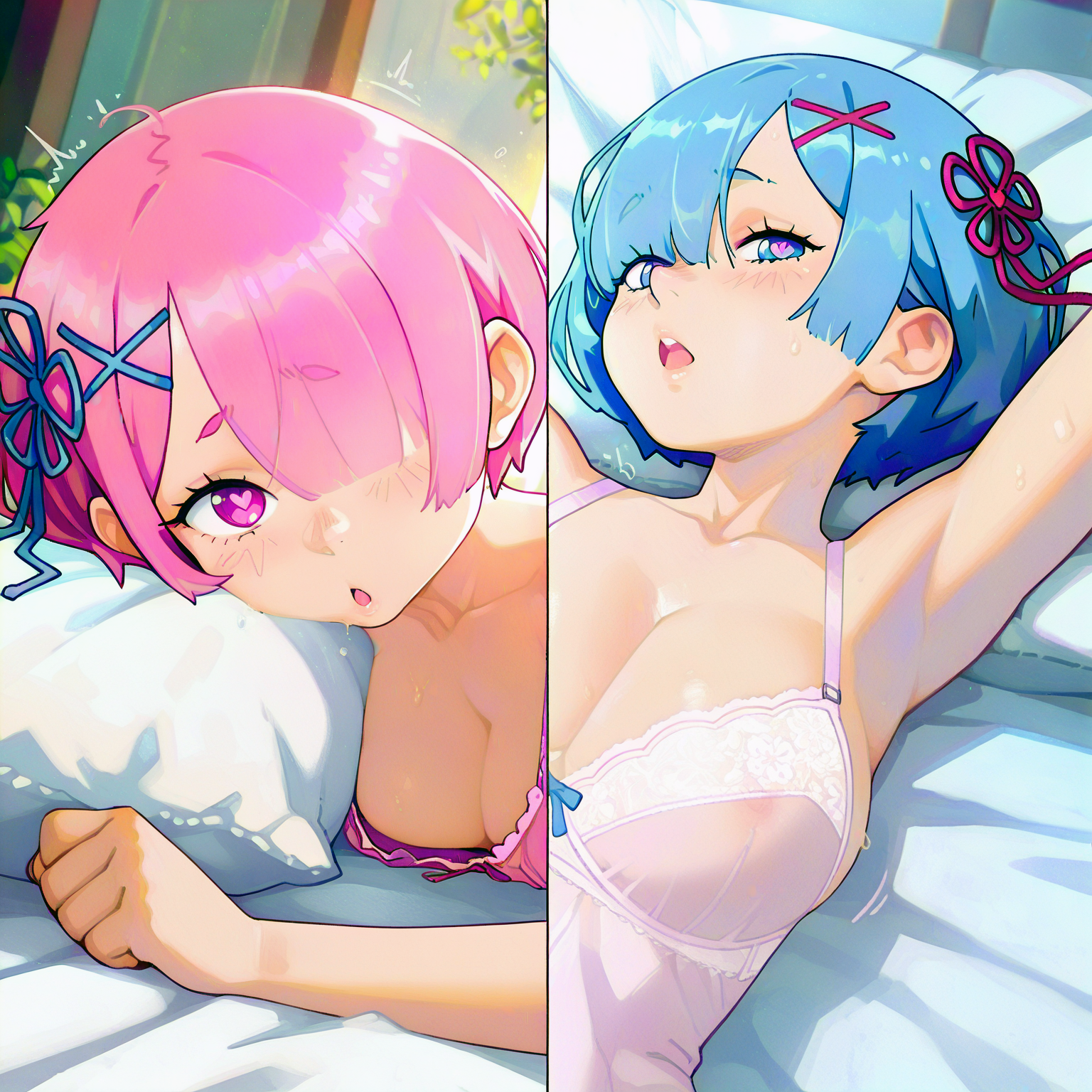 2girls, ai generated, armpits, bangs, blue eyes, blue hair, blush, breasts, cleavage, collarbone, female, gloomproject, hair ornament, hair over one eye, hair ribbon, heart, heart-shaped pupils, large breasts, looking at viewer, lying, medium breasts, multiple females, multiple girls, open mouth, pillow, pink eyes, pink hair, ram (re:zero), re:zero kara hajimeru isekai seikatsu, rem (re:zero), reward available, ribbon, see-through, self upload, short hair, siblings, sisters, sweat, symbol-shaped pupils, twins, x hair ornament