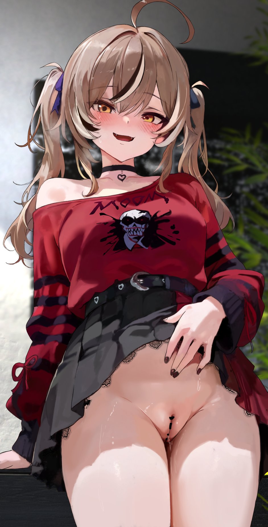 :d ahoge arm_at_side barcode belt black_belt black_choker black_ribbon black_skirt black_sweater blush bottomless breasts brown_eyes brown_hair brown_nails censored choker clothes_lift collarbone cowboy_shot dikko emo_fashion fangs female fingernails groin hair_between_eyes hair_intakes hair_ribbon heart heart_choker highres hololive hololive_english jewelry lifting_own_clothes long_hair long_sleeves looking_at_viewer miniskirt nail_polish nanashi_mumei nanashi_mumei_(emo) off-shoulder_sweater off_shoulder official_alternate_costume official_alternate_hairstyle open_mouth pendant_choker pleated_skirt purple_ribbon pussy pussy_juice red_sweater ribbon sidelocks skirt skirt_lift smile solo striped_clothes striped_sweater sweater sweater_partially_tucked_in sweater_tucked_in sweater_under_shirt thigh_gap twintails two-tone_sweater virtual_youtuber