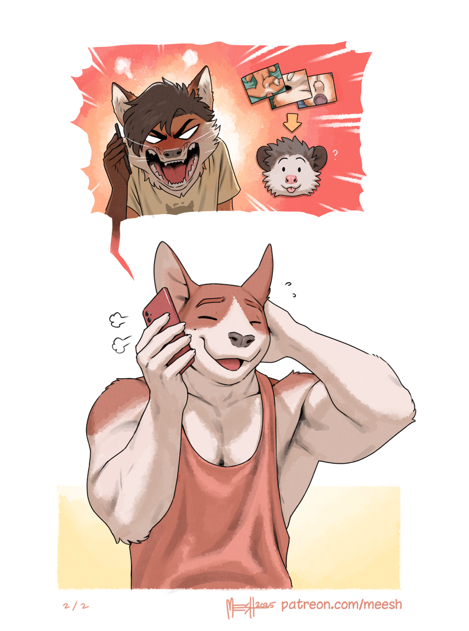 american_opossum angry anthro anus ass balls biped black_nose blush brown_body brown_fur canid canine canis domestic_dog fox fur genitals group hi_res male mammal marsupial meesh open_mouth open_smile orange_tail pink_nose simple_background smile tail teeth tongue trio white_body white_fur