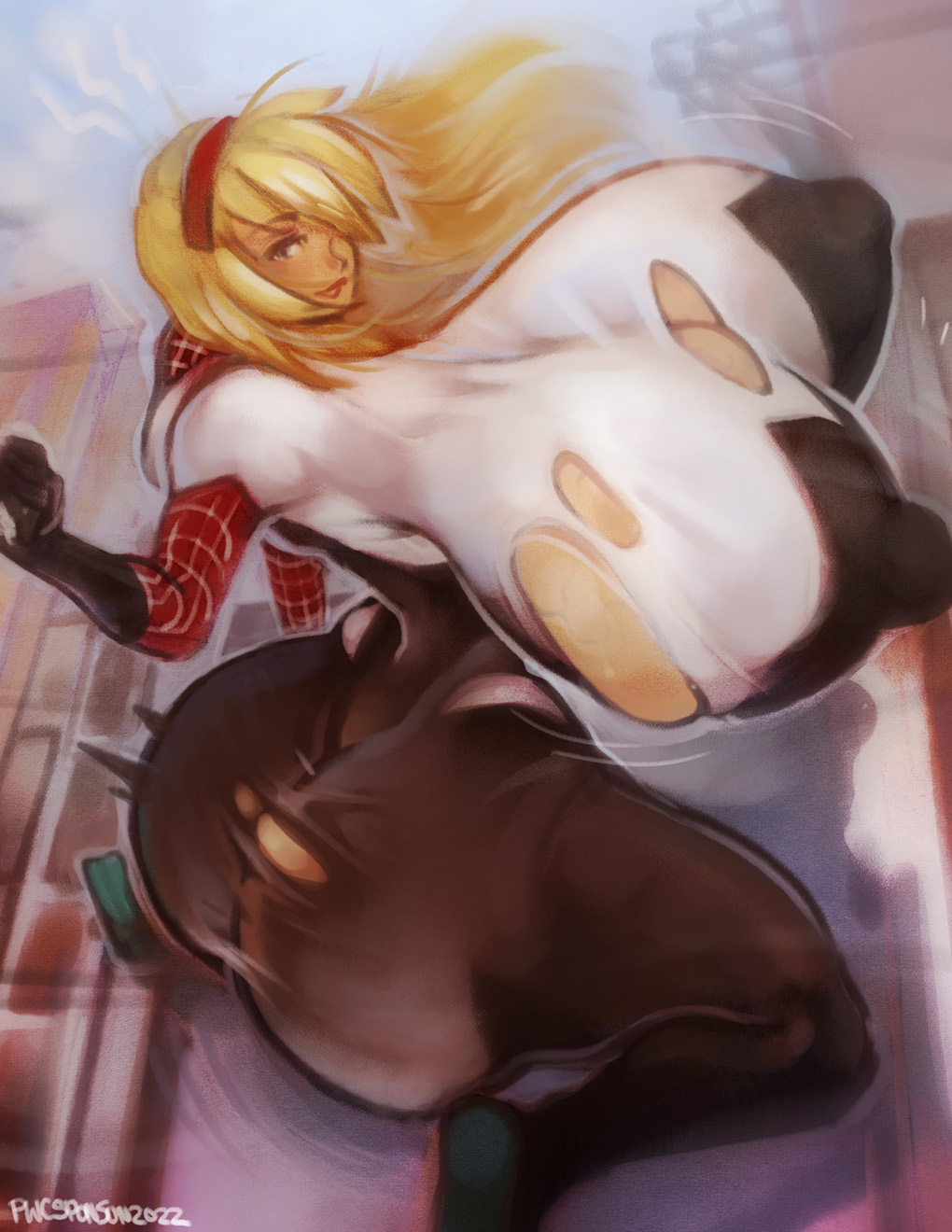 1girls ass big_ass breast_expansion breasts erect_nipples female female_only gwen_stacy hairband huge_breasts hyper_breasts marvel nipples pwcsponson solo spider-gwen spider-man:_into_the_spider-verse spider-man_(series) wardrobe_malfunction