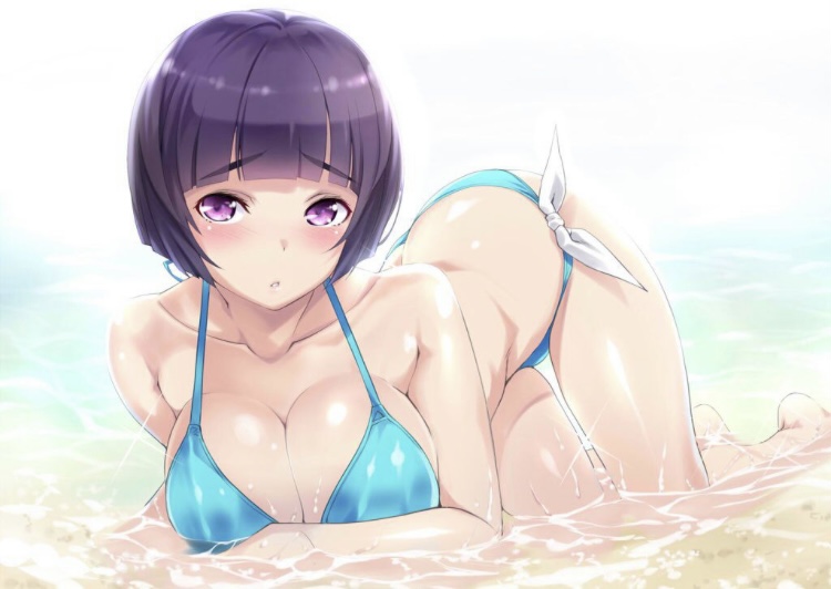 1girls beach big_breasts blush curvy cute eromanga_sensei female female_only huge_breasts looking_at_viewer nagayori purple_eyes senju_muramasa solo swimsuit tagme water