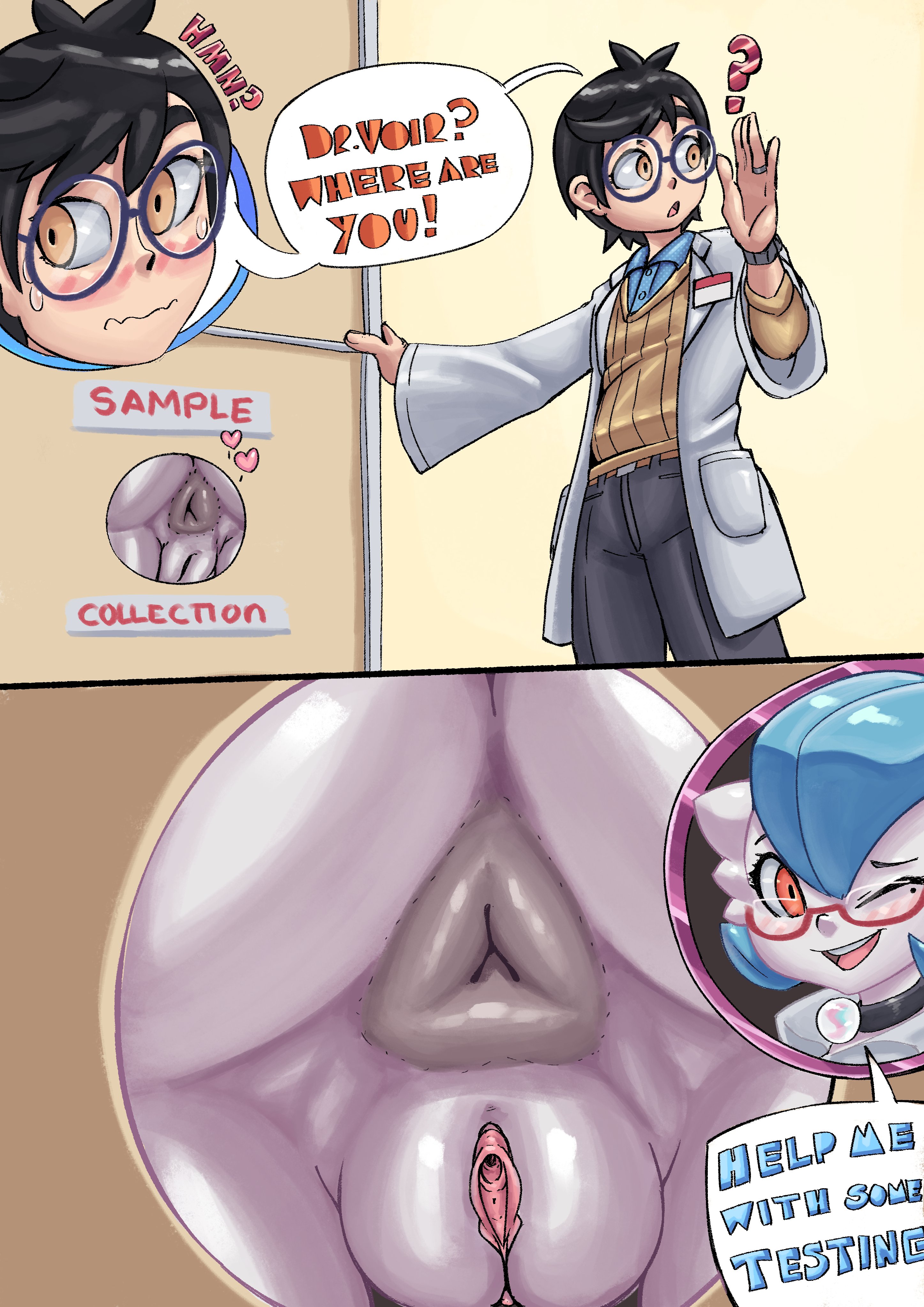 anthro, anus, close-up, dr. voir, english text, female, gardevoir, generation 3 pokemon, glory hole, labcoat, mddnaz, nanosheep, panels, pokémon (species), pokemon, pokemon (species), presenting hindquarters, pussy, round glasses, triangular anus, wall