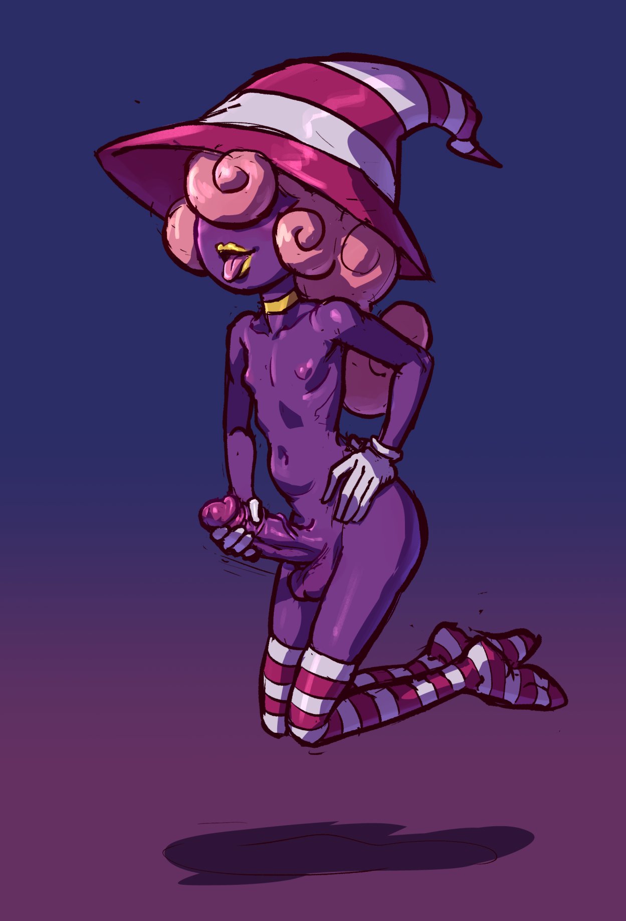 1boy, choker, erection, femboy, flat chest, floating, girly, gloves, gradient background, hair over eyes, hi res, jerking, lingerie, lipstick, long hair, makeup, male, male only, male witch, mario (series), masturbation, naked, nintendo, nipples, paper mario, paper mario: the thousand-year door, pears (artist), penis, pink hair, purple skin, solo, stockings, striped legwear, tongue, tongue out, vivian (paper mario), witch, witch hat