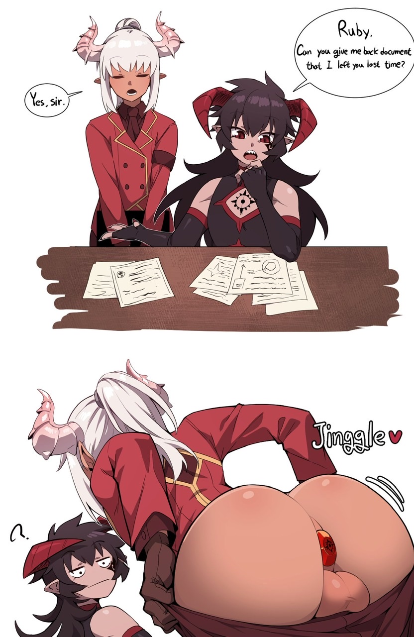 2boys ain(in) ass balls buttplug cavity_storage comic dark-skinned_femboy dark-skinned_male dark_skin demon demon_king demon_king_(in) femboy gloves horns object_insertion ruby_(nox) suit undressing