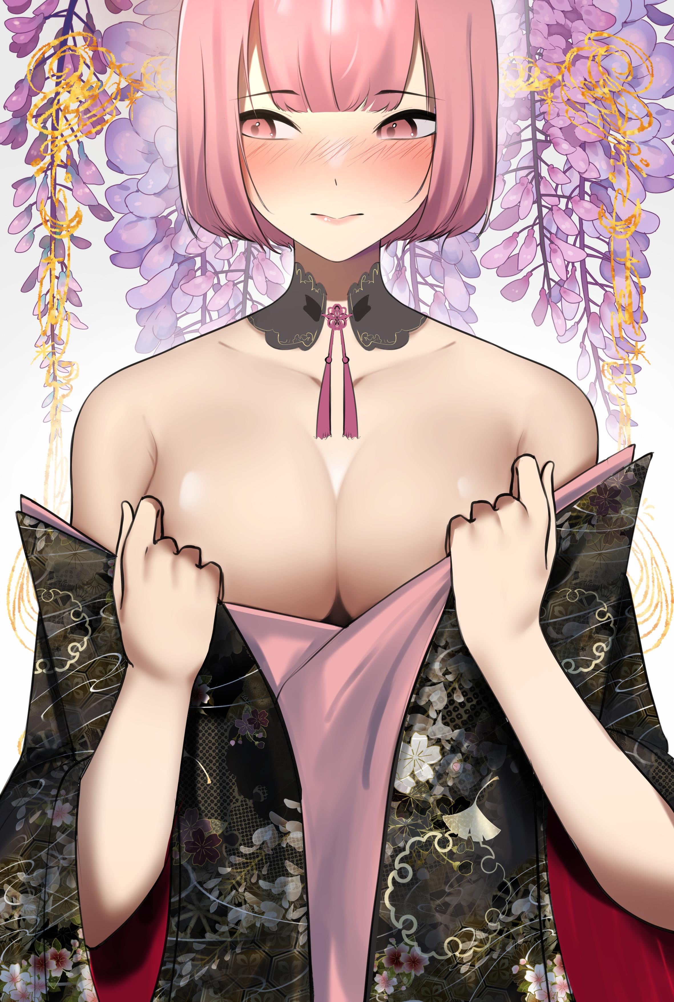 artist request, averting eyes, big breasts, blush, breasts, cleavage, embarrassed, female, hololive, hololive english, hololive myth, kimono, mori calliope, mori calliope (new year), short hair, virtual youtuber
