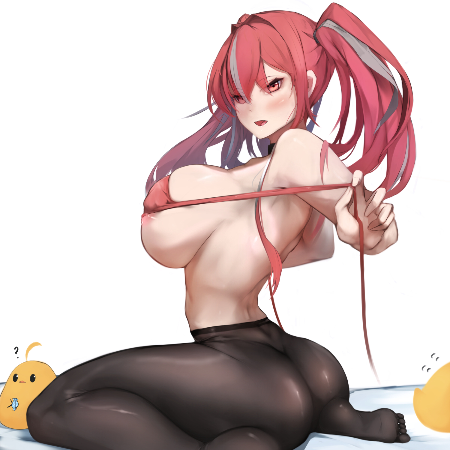 1girls, 2022, areola slip, azur lane, big breasts, bikini, bikini top, bikini top undone, breasts, bremerton (azur lane), eagle union (azur lane), eyelashes, female, female focus, female only, light skin, light-skinned female, looking at viewer, looking back, nipple slip, open mouth, pantyhose, seiza, sideboob, solo, sonaworld, wariza, white background