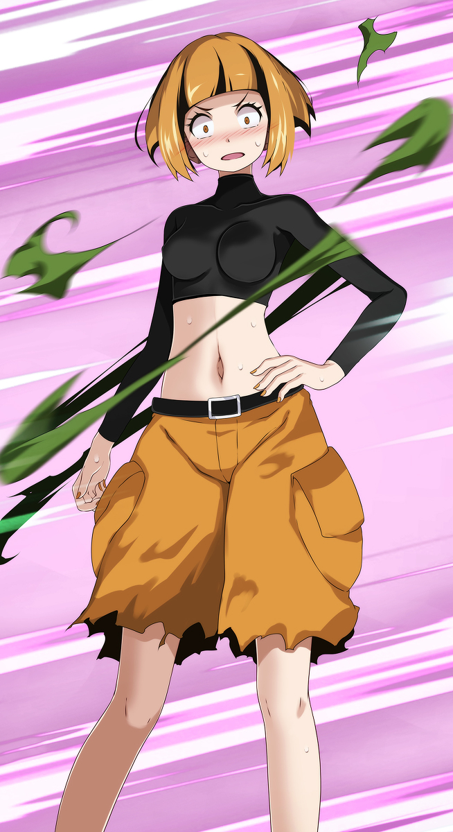 1girls, blush, breasts, female, female only, gardenia (pokemon), gym leader, light skin, medium breasts, midriff, navel, pokemon, pokemon bdsp, pokemon dppt, slim waist, sweat, tagme, tight clothing, torn clothes, tsukishiro saika