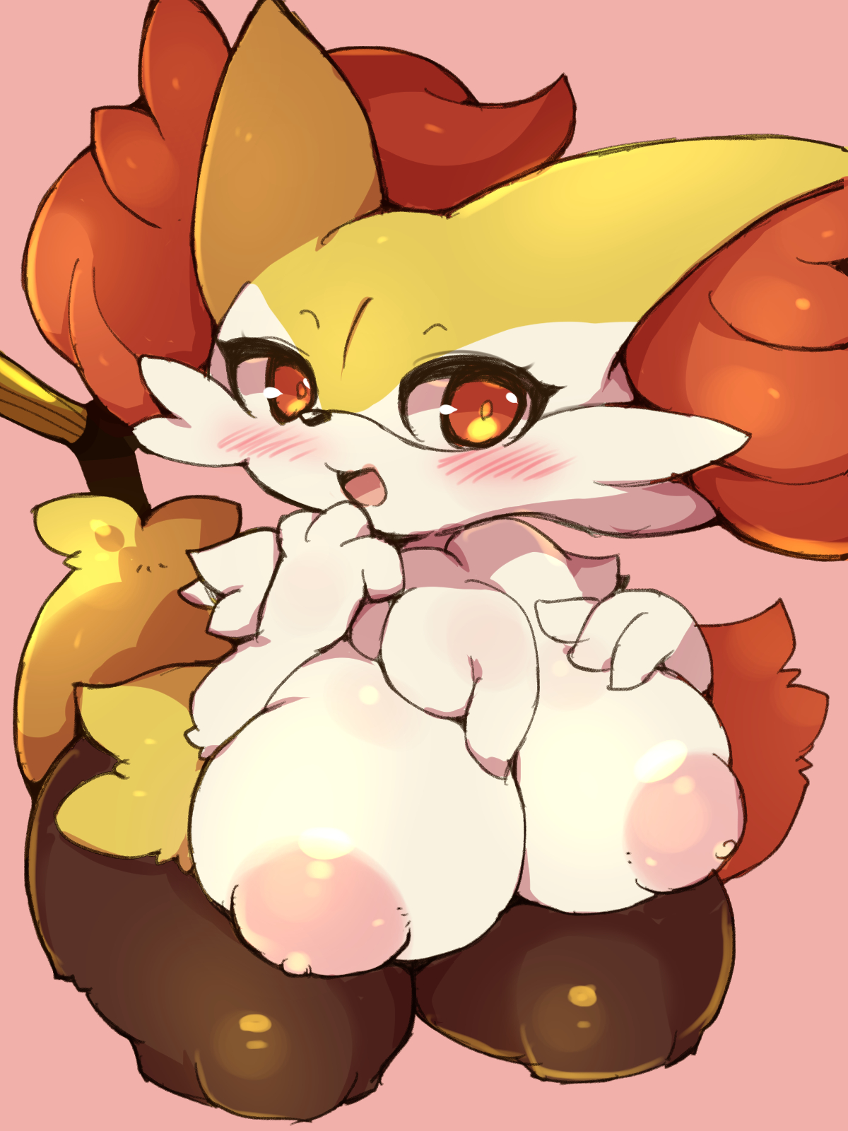 3:4, anthro, areola, big breasts, blush, braixen, breasts, canid, canine, female, fur, hi res, inner ear fluff, mammal, nekoyuu, nintendo, nipples, nude, pokémon (species), pokemon, pokemon (species), smile, solo, tuft, video games, white body, yellow body, yellow fur