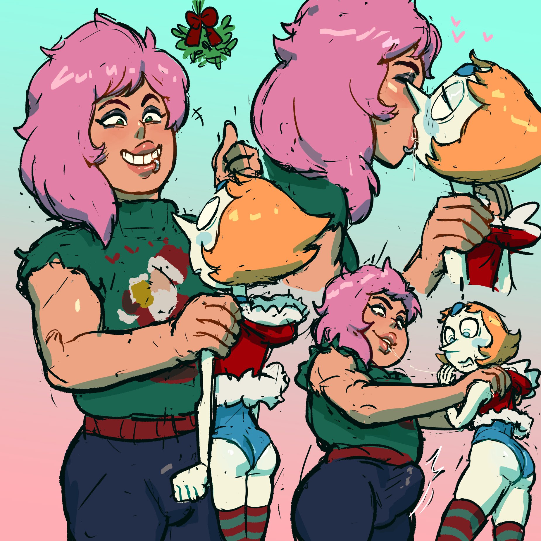 1futa, 1girls, ass, bulge, bulge through clothing, cartoon network, christmas, christmas outfit, clothed, erection, erection under clothing, eyes rolling back, female, french kiss, futanari, gem (species), horny, intersex, kissing, larger futa, mistletoe, mystery girl (steven universe), pearl (steven universe), pears (artist), pink hair, short hair, size difference, smaller female, smile, steven universe, surprised, tomboy, white skin