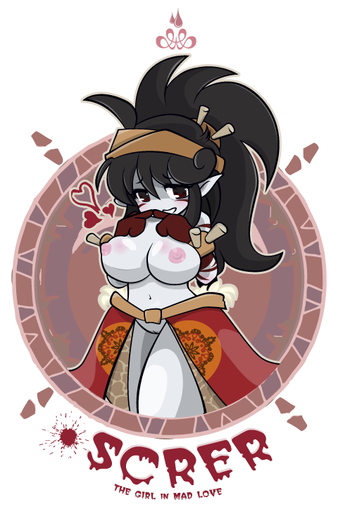 black_hair blood_stain breasts breasts_out cinnamon6 dofus english_text female heart large_breasts pointy_ears pussy sacrier solo transparent_background wakfu white_skin