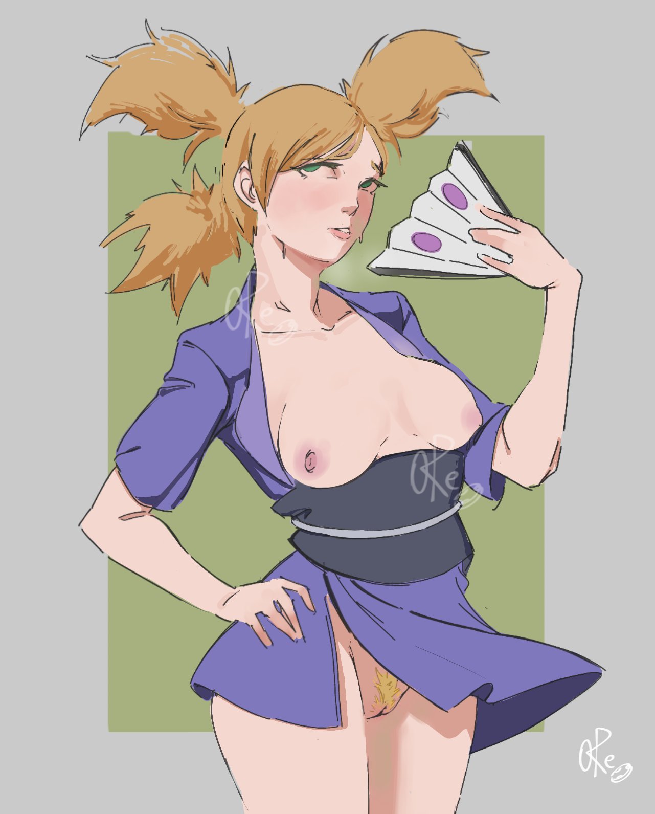 1girls, areolae, asian clothing, blush, boruto: naruto next generations, bottomless, breasts, breasts out, brown hair, clothing, erect nipples, fan, female, female only, female pubic hair, green eyes, hairy pussy, hand on hip, large areolae, light skin, light-skinned female, looking up, mature, mature female, medium breasts, milf, naruto, naruto (series), nipples, no bra, no panties, open clothes, open shirt, orecookie, partially clothed, pink nipples, pinup, pose, posing, pubes, pubic hair, pussy, shounen jump, solo, standing, temari, thighs, tied hair, twintails, vagina, wide hips