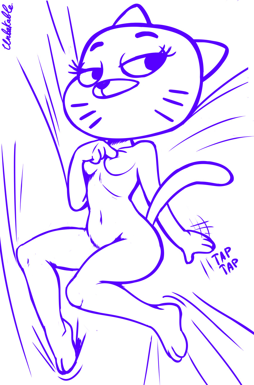 absurd_res anthro bedroom_eyes bent_legs breasts cartoon_network covering_nipples domestic_cat felid feline felis female hi_res lying mammal narrowed_eyes nicole_watterson nipples nude pose seductive simple_background sketch solo the_amazing_world_of_gumball unbakable