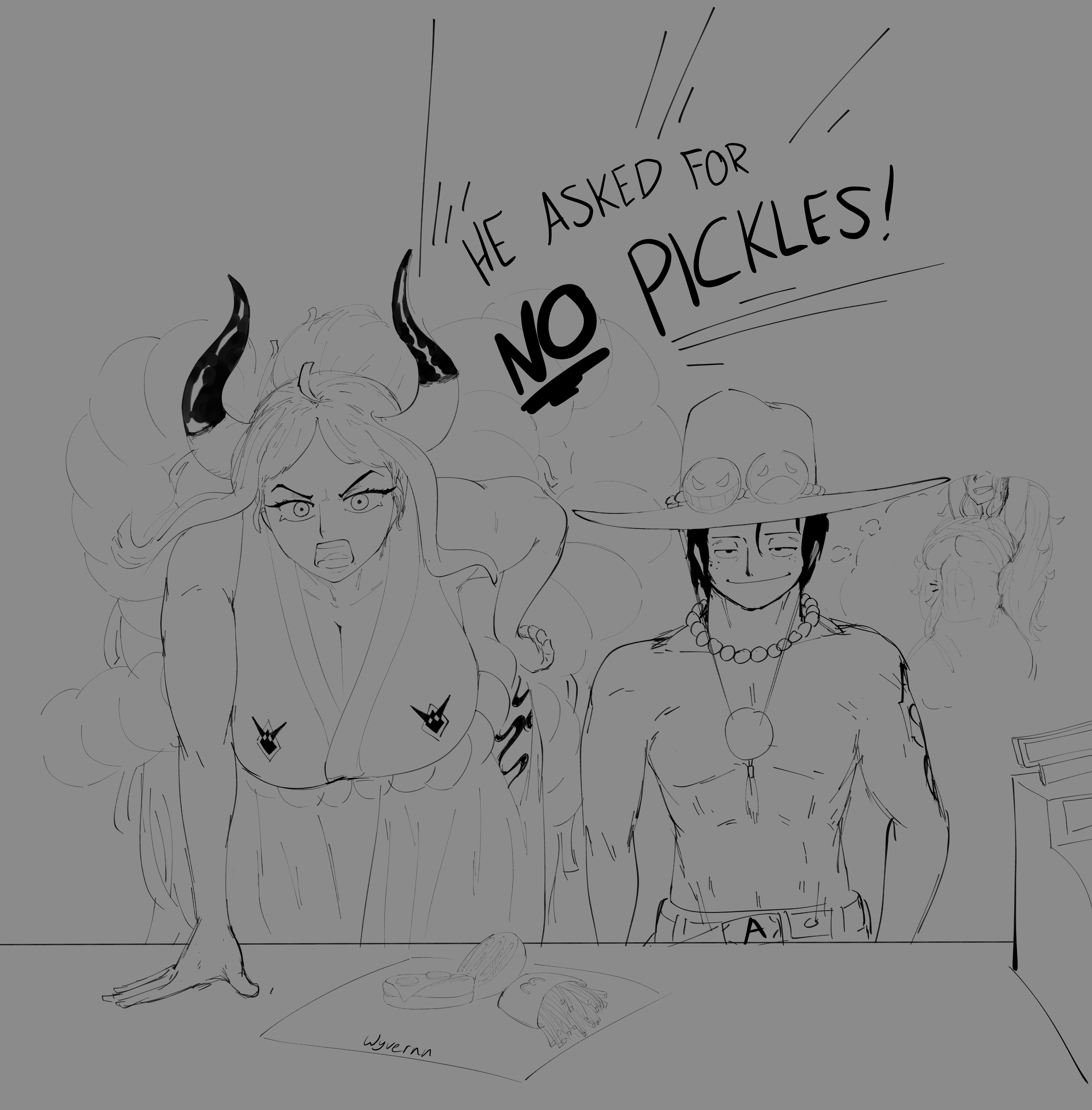 1boy, 1girls, 2021, big breasts, breasts, cleavage, english, english text, eye contact, female, hat, horns, large breasts, looking at viewer, male, one piece, ordering, portgas d ace, sexual thoughts, sketch, smile, text, thought bubble, wyvernn, yamato (one piece)