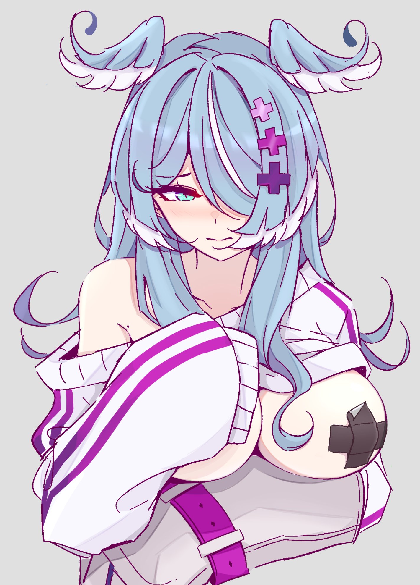 1girls, bandaids on nipples, big breasts, blush, breasts, busty, elira pendora, female, female only, k (m r b/nkmmktwt/ꓘ), large breasts, light skin, light-skinned female, nijisanji, nijisanji en, solo, virtual youtuber