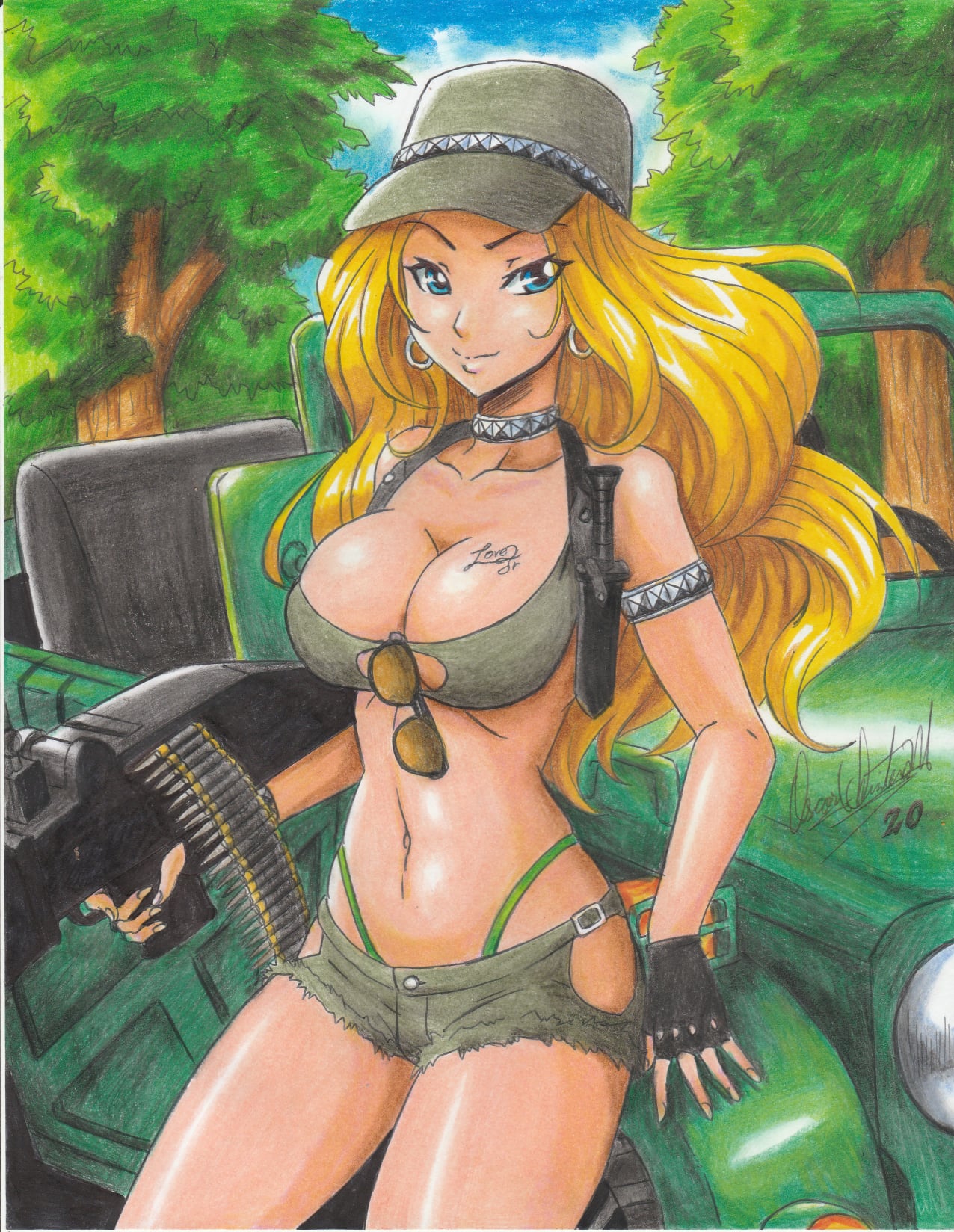 1girls 2021 aqua_eyes big_breasts black_gloves blonde_hair combat_knife female female_focus female_only fingerless_gloves green_panties hi_res jeep julia_(metal_slug) long_hair looking_at_viewer m60 melee_weapon metal_slug metal_slug_attack military military_hat military_uniform ravern_clouk short_shorts snk tattoo weapon