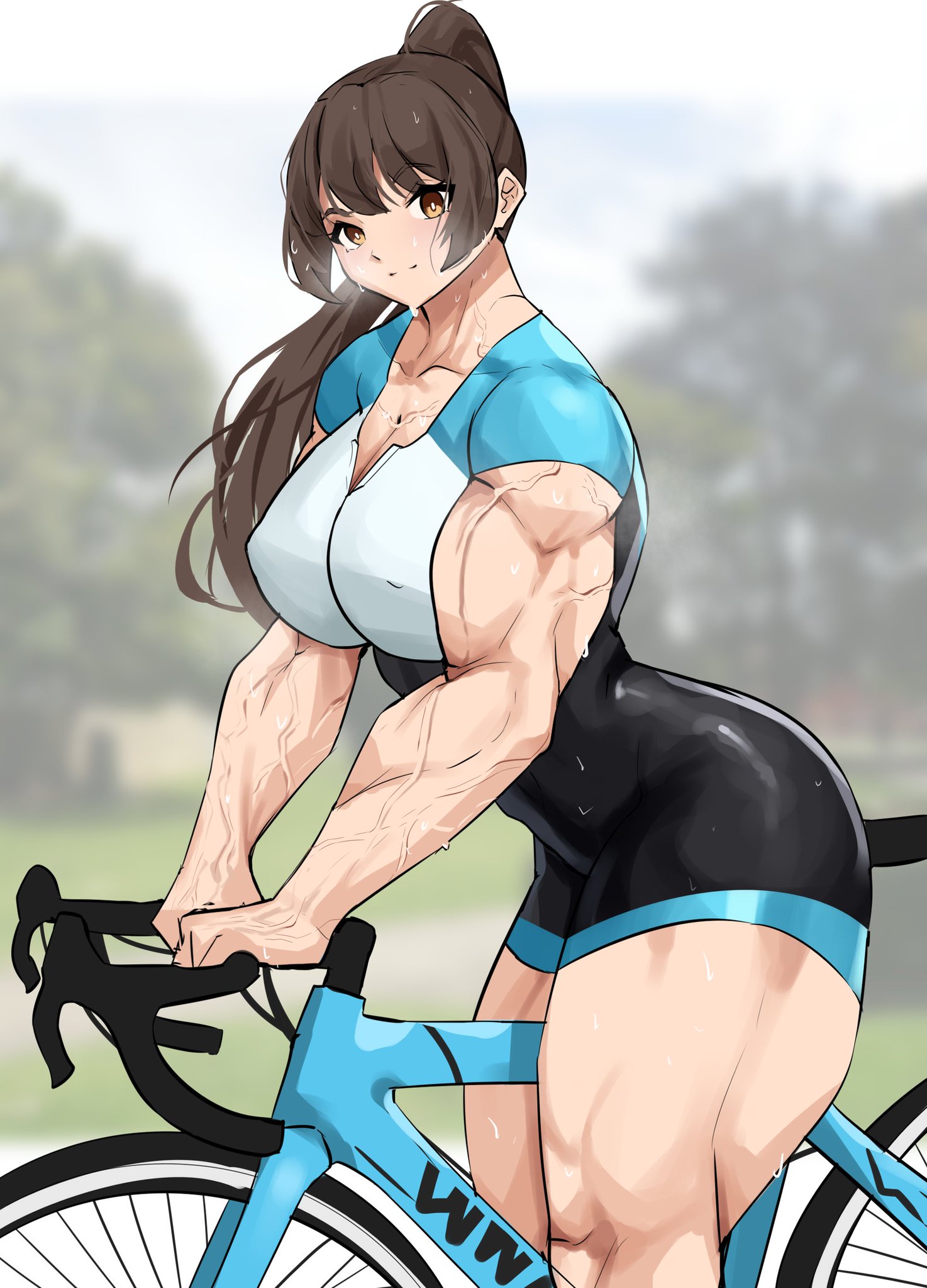 1girls, abs, biceps, bicycle, big muscles, breasts, extreme muscles, female, huge muscles, large breasts, long hair, muscles, musctonk, muscular, muscular female, original, smile, smiling at viewer, solo, sweat, thick thighs, tight clothing