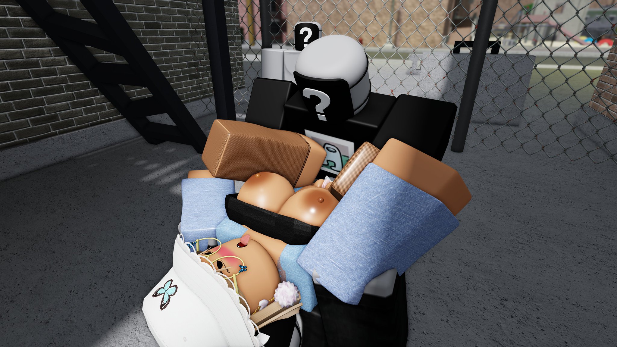 ?, 3d, ahe gao, areolae, breasts, exposed breasts, female, glasses, legs up, legwear, missionary position, public sex, public use, roblox, robloxdegen, robloxian, tanned skin, tongue, tongue out