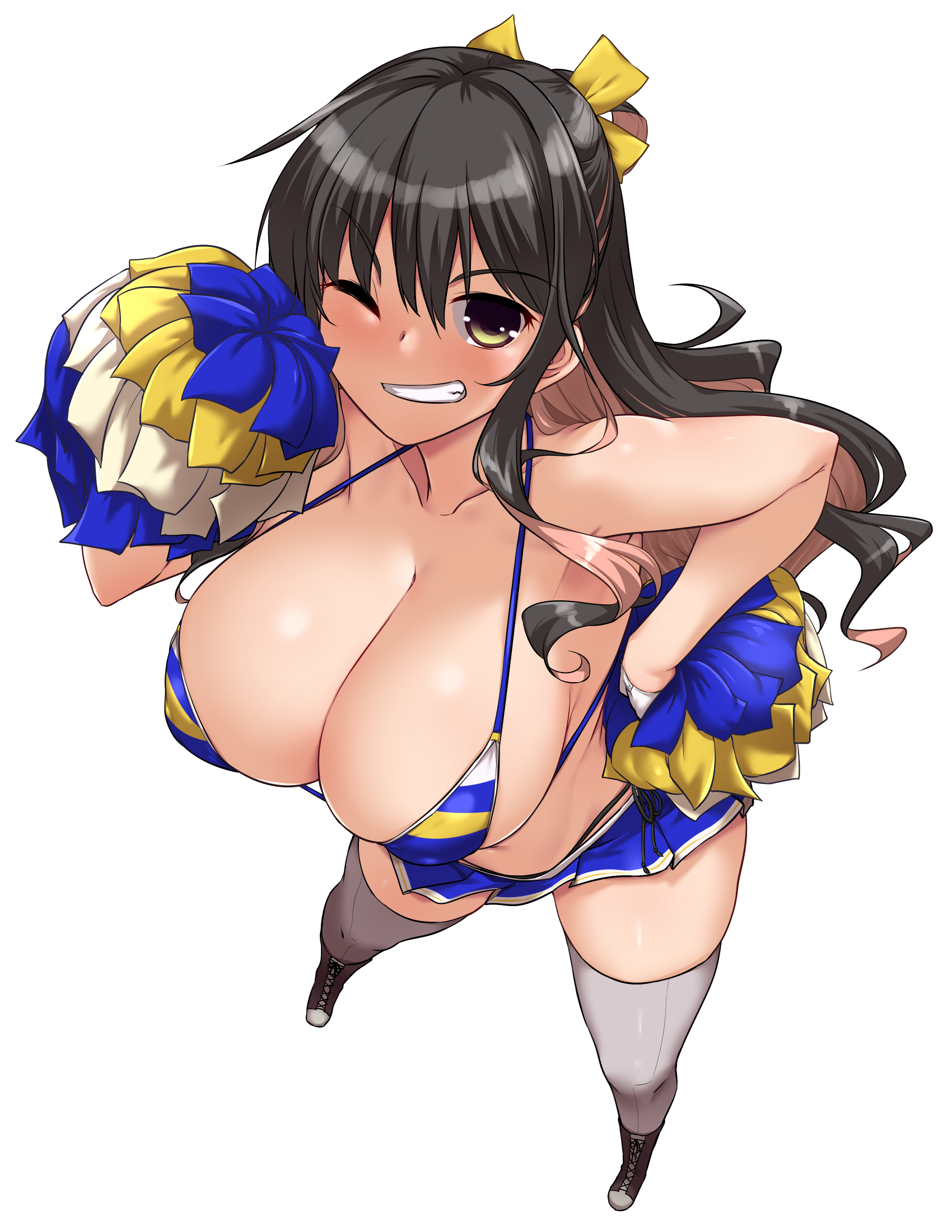 alternate costume, bare shoulders, big breasts, bikini, black hair, blush, breasts, bulging breasts, cheerleader, cleavage, eyebrows visible through hair, female, from above, grin, hair ribbon, highres, huge breasts, kantai collection, large breasts, long hair, looking at viewer, micro bikini, multicolored hair, naganami (kantai collection), one eye closed, pink hair, pom pom (cheerleading), ribbon, shoes, simple background, skindentation, skirt, smile, solo, string bikini, swimsuit, thick thighs, thighhighs, two-tone hair, white background, yellow eyes, yoshi tama