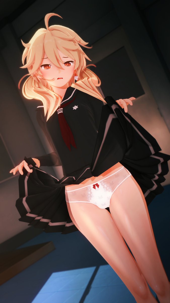 1boy aether_(genshin_impact) bottomwear cappedracoon clothing crossdressing femboy genshin_impact girly human lifted_by_self lifting lifting_skirt light-skinned_femboy light-skinned_male light_skin male male_only pantyshot school_uniform skirt solo topwear trap