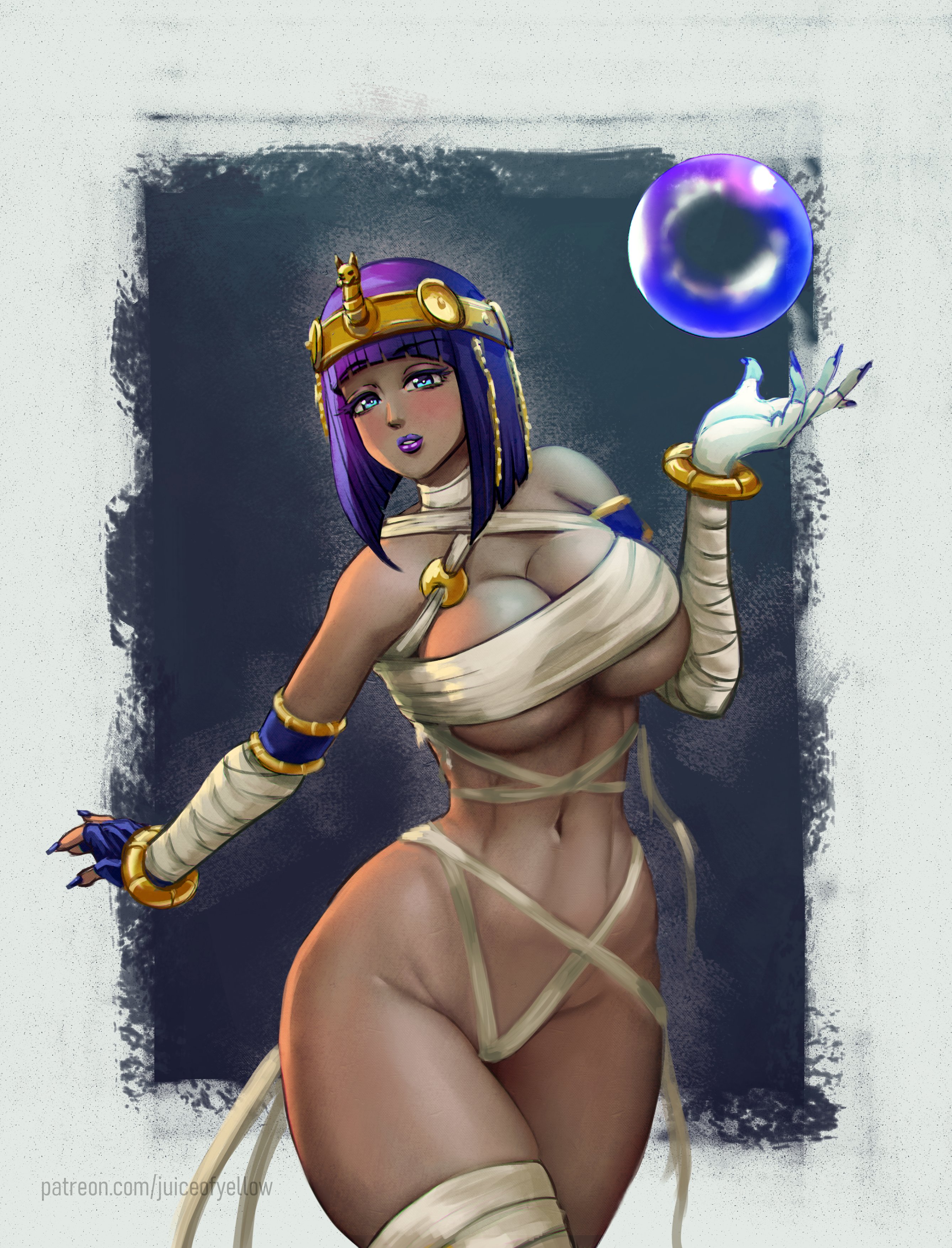 1girls, alternate version available, bandage, bangs, blue eyes, bob cut, breasts, cleavage, crossover, crystal ball, dark skin, dark-skinned female, egyptian, egyptian female, female, female only, hourglass figure, jewelry, juiceofyellow, large breasts, lipstick, looking at viewer, menat (street fighter), navel, purple hair, signature, solo, street fighter, street fighter v, text, thick thighs, thundercats, underboob, voluptuous, wide hips