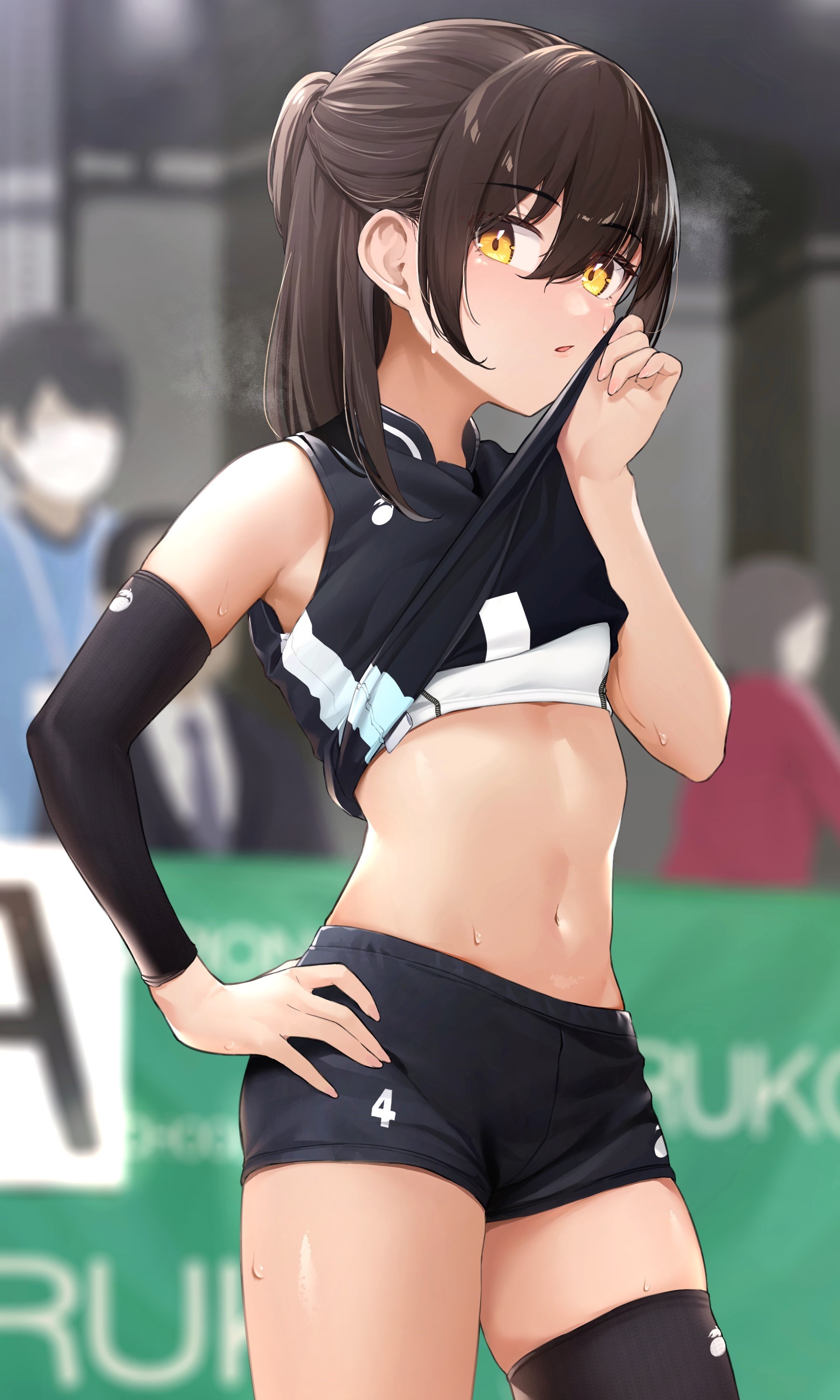 1girls, brown hair, clothing, cute, female, hand on hip, human, looking at viewer, midriff, navel, original, shirt lift, short shorts, shorts, sports bra, sports uniform, sportswear, standing, sweat, thick thighs, thighhighs, tummy, yellow eyes