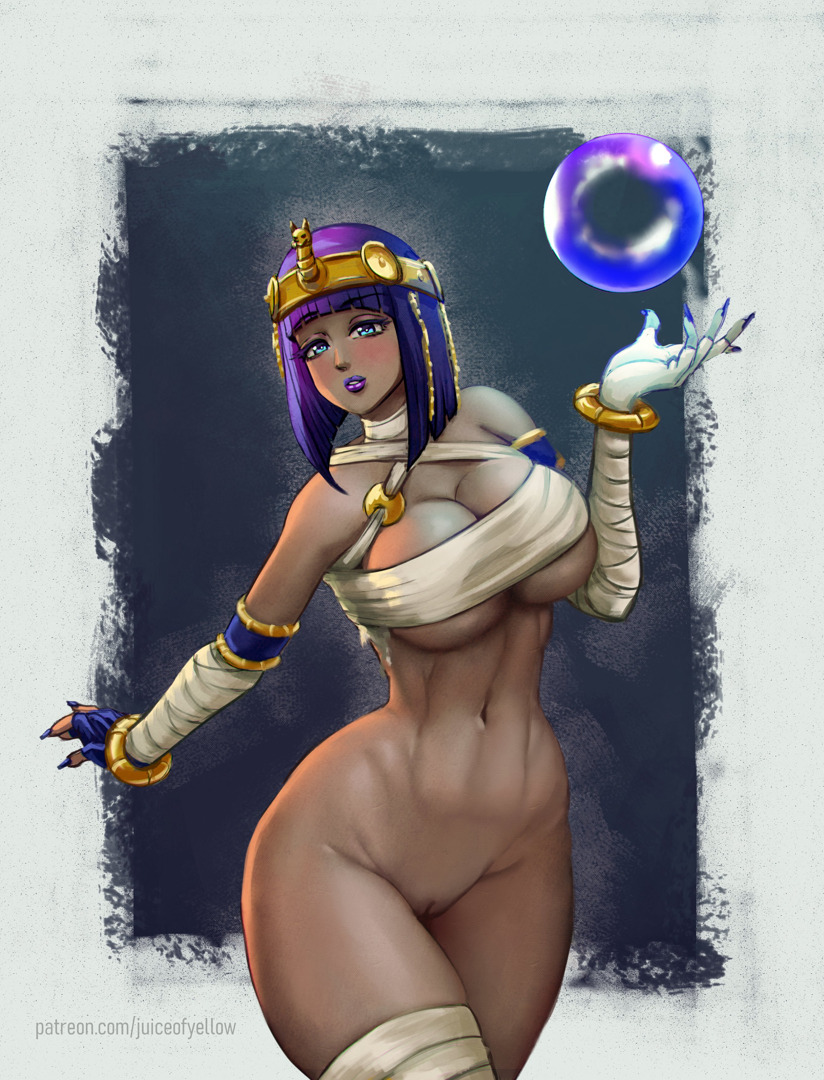 1girls, alternate version available, bandage, bangs, blue eyes, bob cut, bottomless, breasts, cleavage, crystal ball, dark skin, dark-skinned female, egyptian, egyptian female, female, female only, hourglass figure, innie pussy, juiceofyellow, large breasts, lipstick, looking at viewer, menat (street fighter), navel, no panties, purple hair, pussy, solo, street fighter, street fighter v, thick thighs, underboob, voluptuous, wide hips