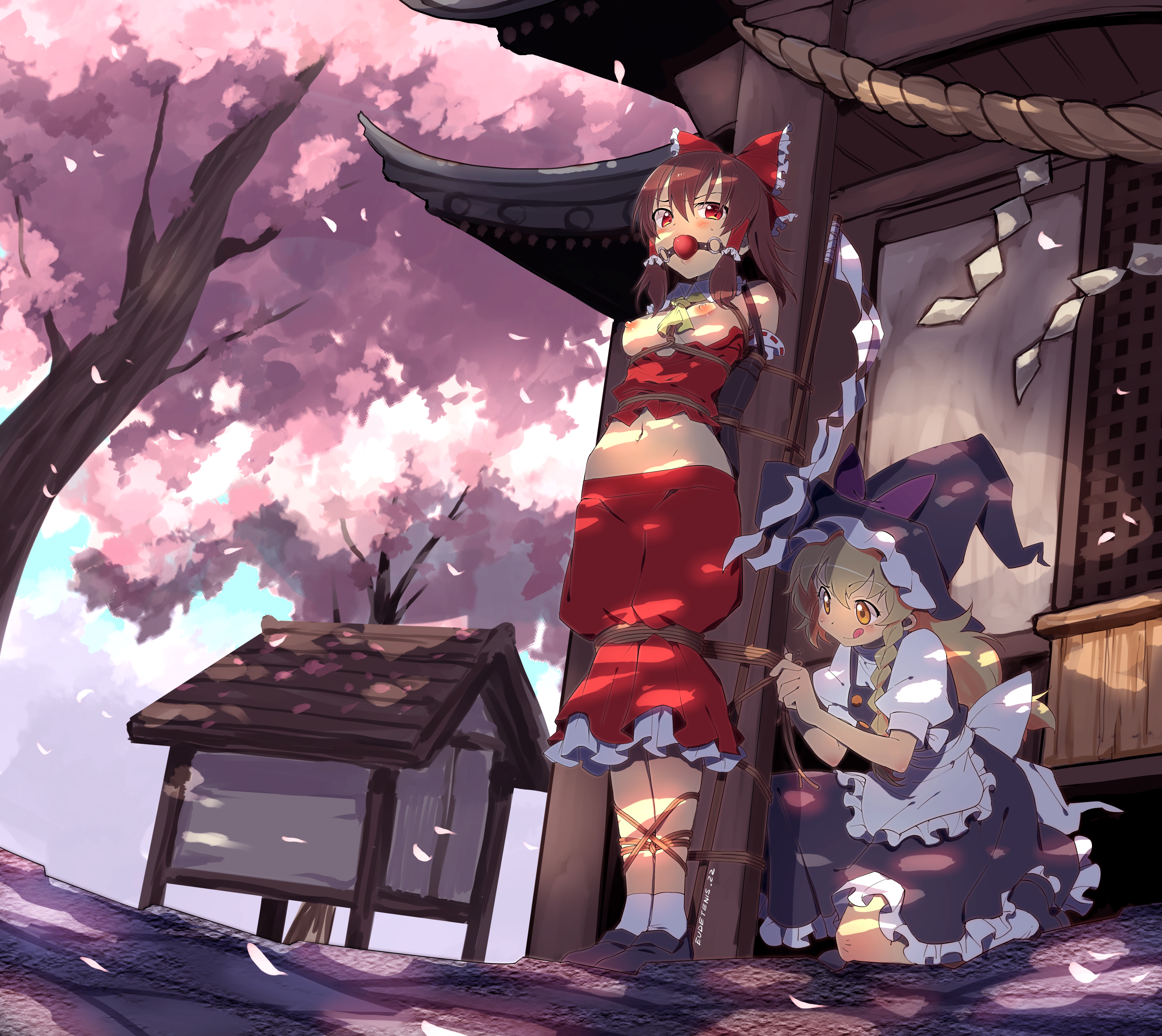 2girls, apron, armbinder, arms behind back, ball gag, blonde hair, bondage, bound, bound arms, bound legs, bound to pole, breasts, breasts out, brown hair, cherry blossoms, eudetenis, exposed breasts, female, female only, femdom, femsub, gag, gagged, licking lips, marisa kirisame, multiple females, multiple girls, nipples, red ball gag, reimu hakurei, restrained, rope, rope bondage, shrine, shrine maiden, tied, tied to pole, tied up, touhou, tree, trees, witch hat, yuri