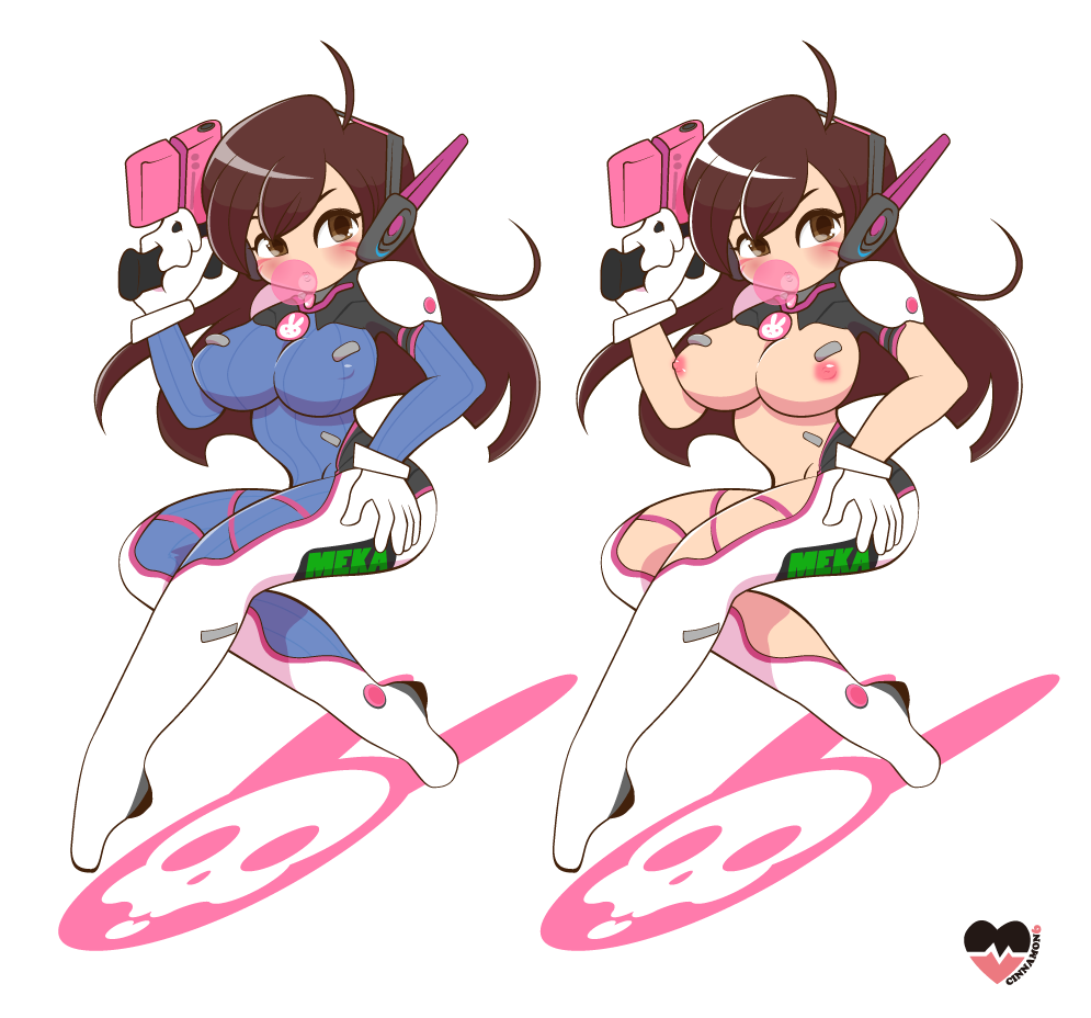 blush bodysuit brown_eyes bubble_gum cinnamon6 d.va female gloves gun large_breasts long_hair overwatch solo transparent_background white_gloves