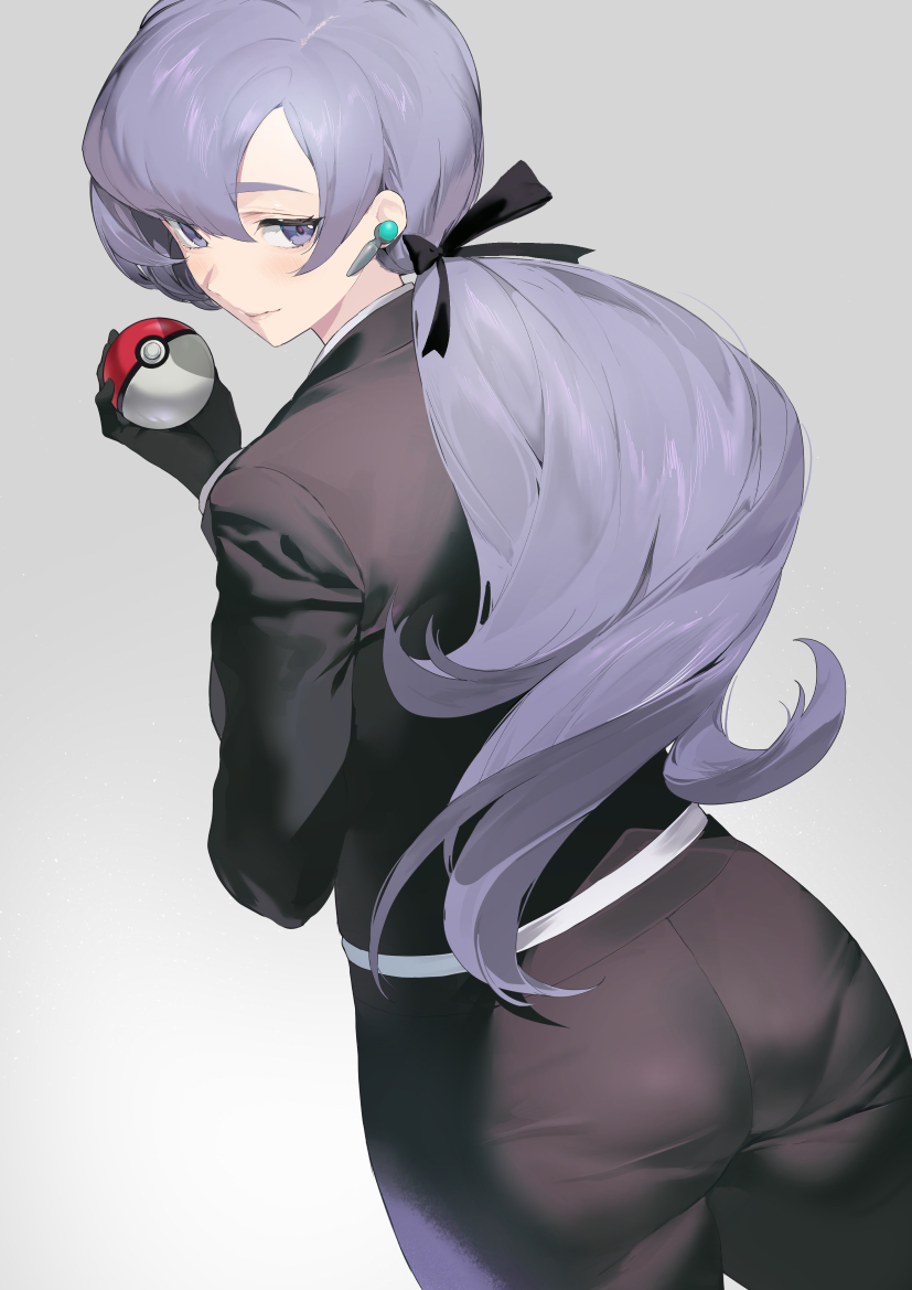 anabel (pokemon), ass, black gloves, black jacket, black pants, black ribbon, business suit, closed mouth, cowboy shot, detective, dutch angle, earrings, eyebrows behind hair, female, gloves, hair ribbon, holding, holding poke ball, iku (ikuchan kaoru), jacket, jewelry, lila (pokemon), long hair, long sleeves, looking at viewer, looking back, low ponytail, office lady, pants, pantylines, poke ball, poke ball (basic), pokemon, pokemon (game), pokemon sm, purple eyes, purple hair, ribbon, smile, solo, suit, tomboy, very long hair