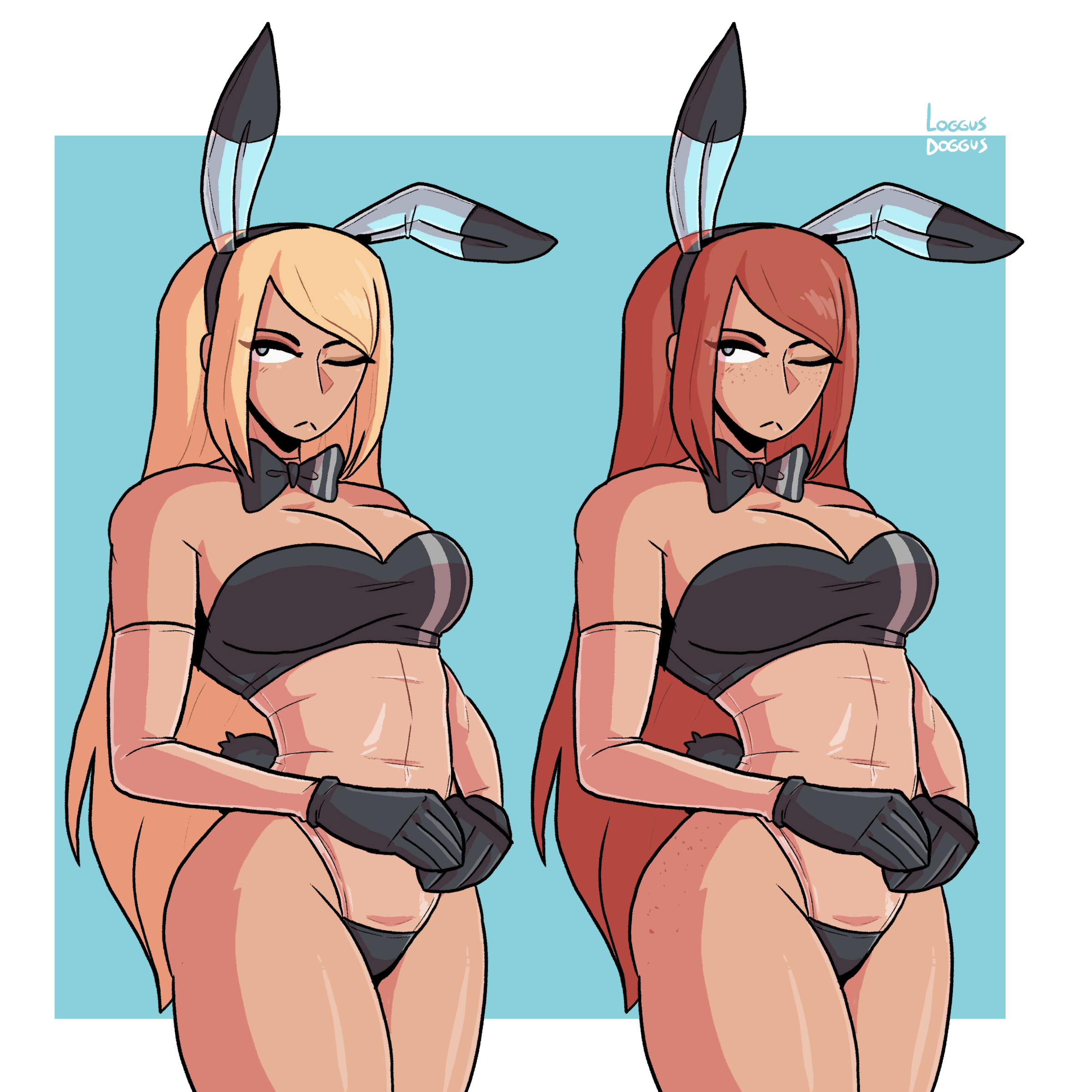 2girls, black gloves, blonde hair, bunny ears, bunny girl, bunnysuit, cosplay, exposed belly, female, gloves, gris swimsuit, leotard, loggus doggus, long hair, red hair, see-through, see-through clothing, shiny clothes, shiny skin, swimsuit, transparent clothing, twins