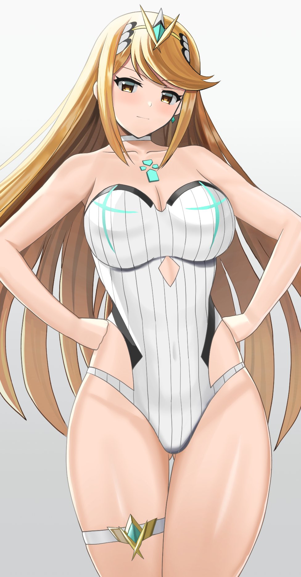 1girls alternate_costume blonde_hair breasts choker clothed clothing earrings eyebrows_visible_through_hair female female_only garter hair_ornament hands_on_hips higohushi long_hair mythra nintendo solo standing strapless_swimsuit tagme xenoblade_(series) xenoblade_chronicles_2