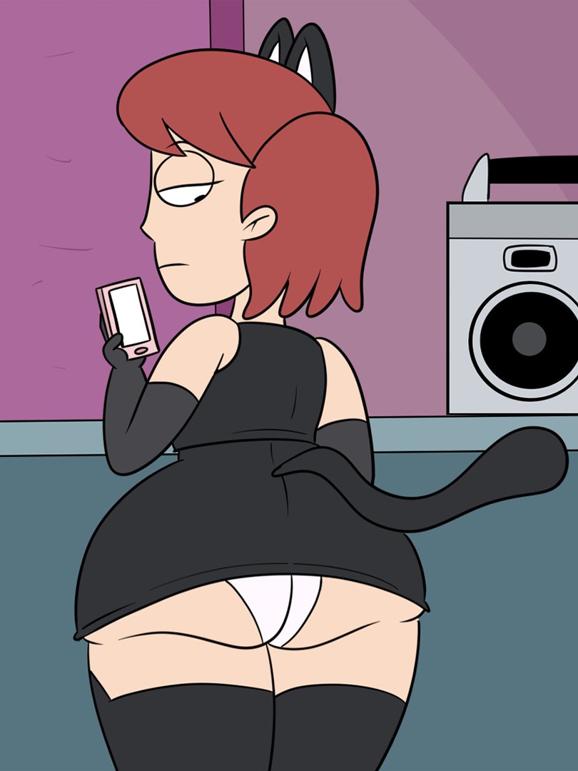1girls, 2022, ass, background character, cat ears, cat tail, chubby female, cute, elbow gloves, eyeliner, female, halloween costume, human, knee boots, looking back, on phone, panties, presenting ass, red hair, scobionicle99, smiling friends, solo, tagme, thick thighs, unamused, unnamed character