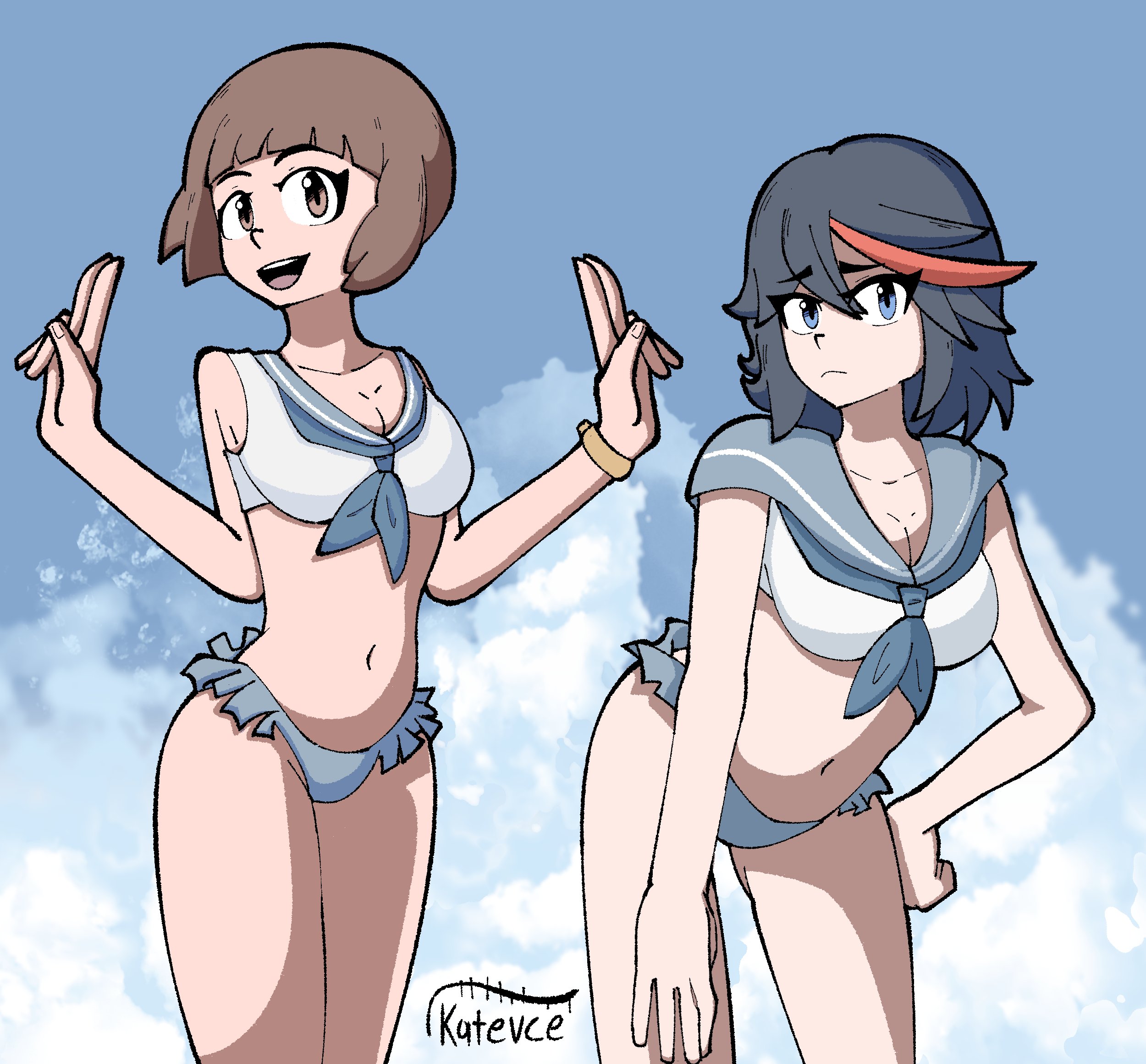 2girls, alternate costume, black hair, black-haired female, breasts, brown-haired female, female, female only, katevcet, kill la kill, mankanshoku mako, matoi ryuuko, outdoors, outside, swimsuit, tagme